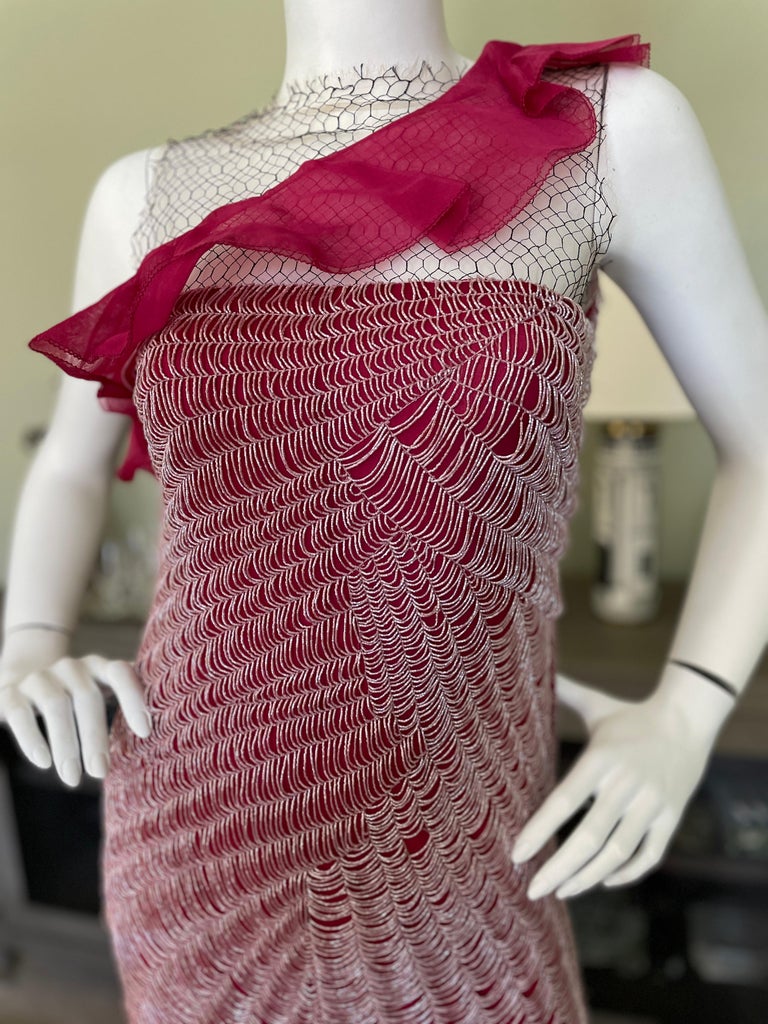Valentino Vintage 1980's Spider Web Beaded Red Silk Evening Dress 2