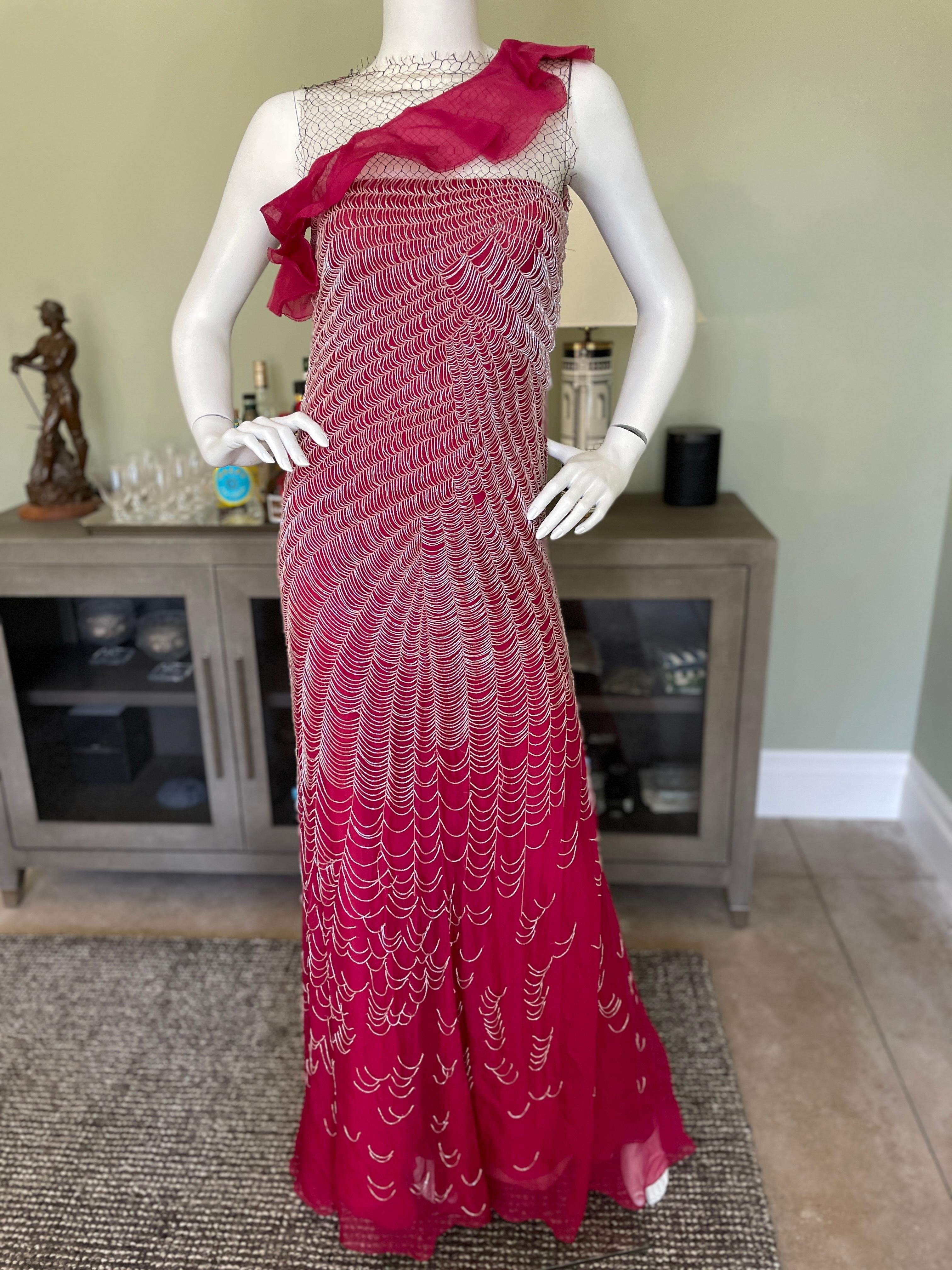 Valentino Vintage 1980's Spider Web Beaded Red Silk Evening Dress For Sale 2