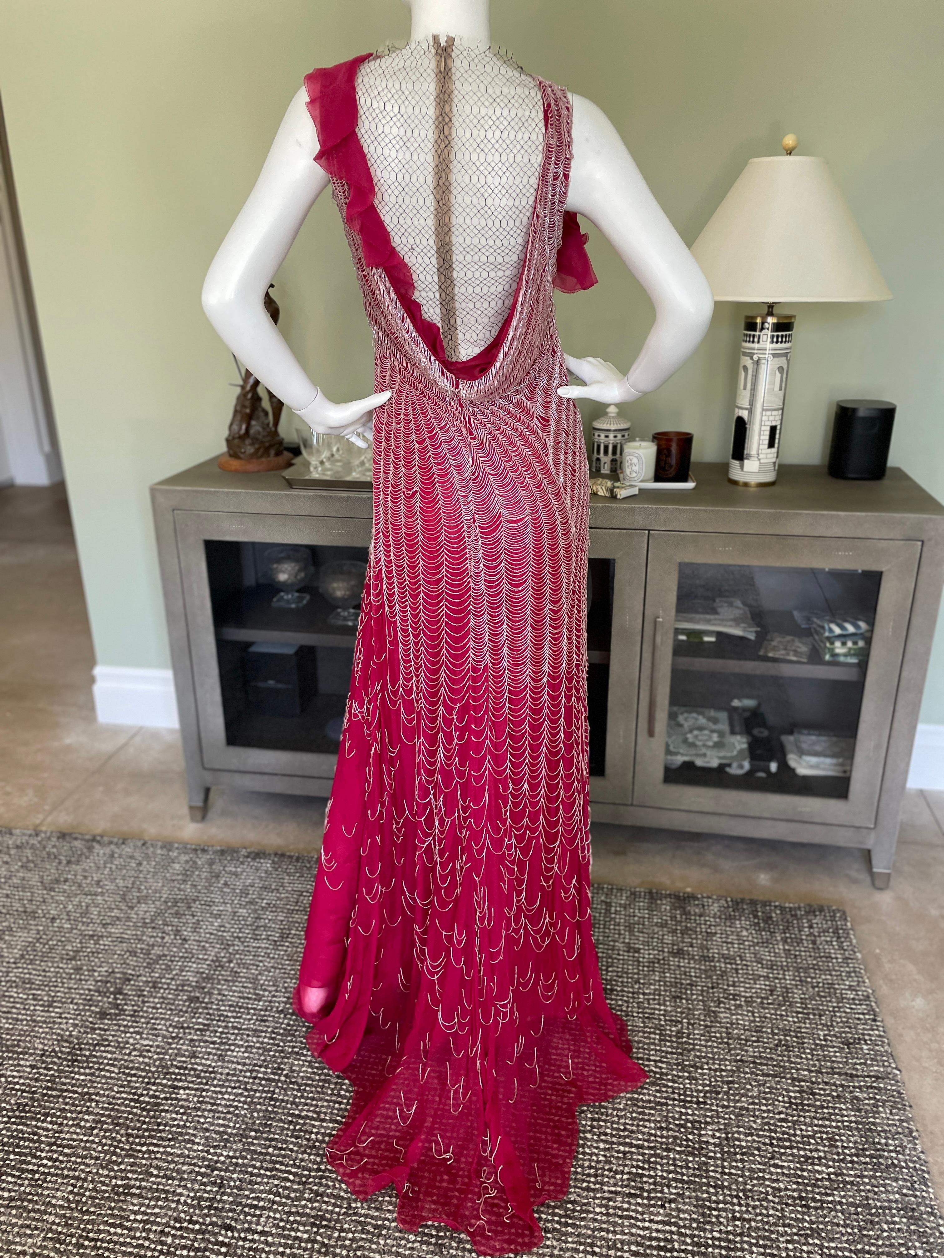 Valentino Vintage 1980's Spider Web Beaded Red Silk Evening Dress For Sale 3