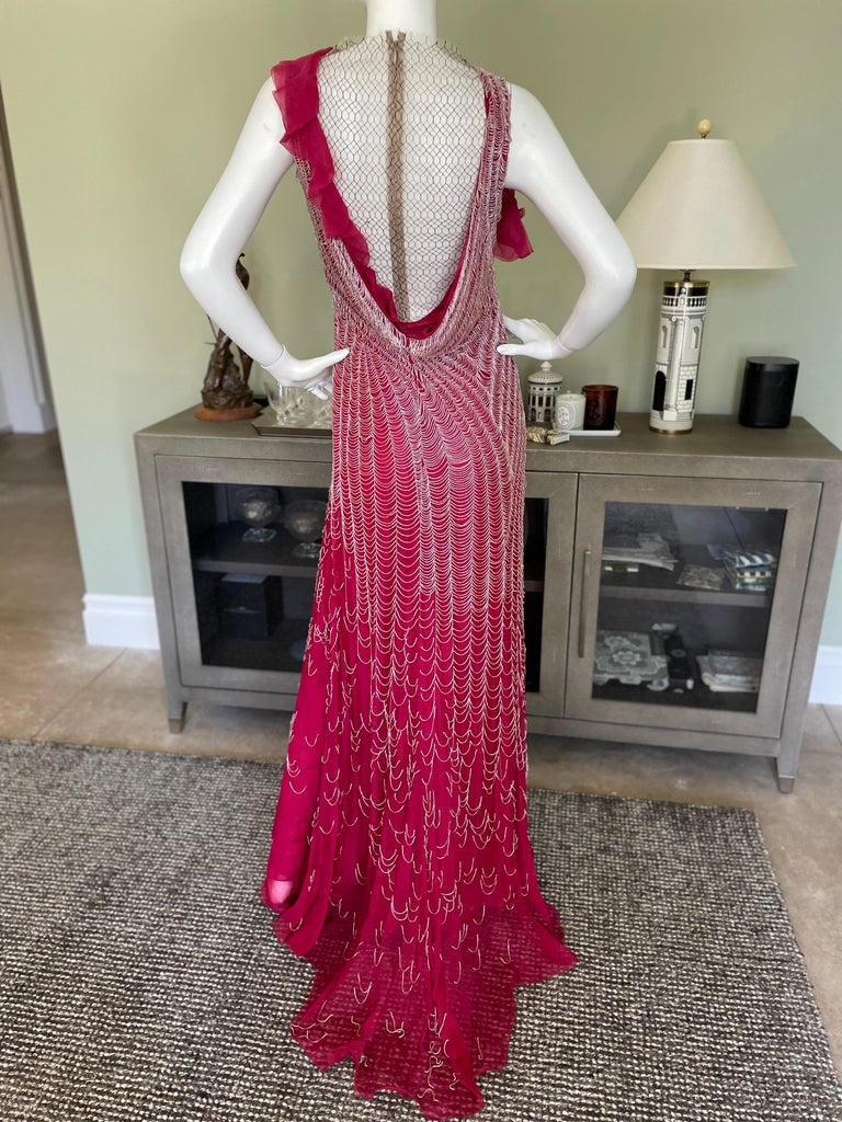 Valentino Vintage 1980's Spider Web Beaded Red Silk Evening Dress 4