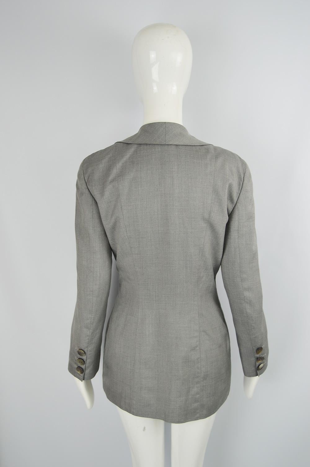 Valentino Vintage 1980s Women's Grey Ruffled Silk Lined Blazer Jacket For Sale 1
