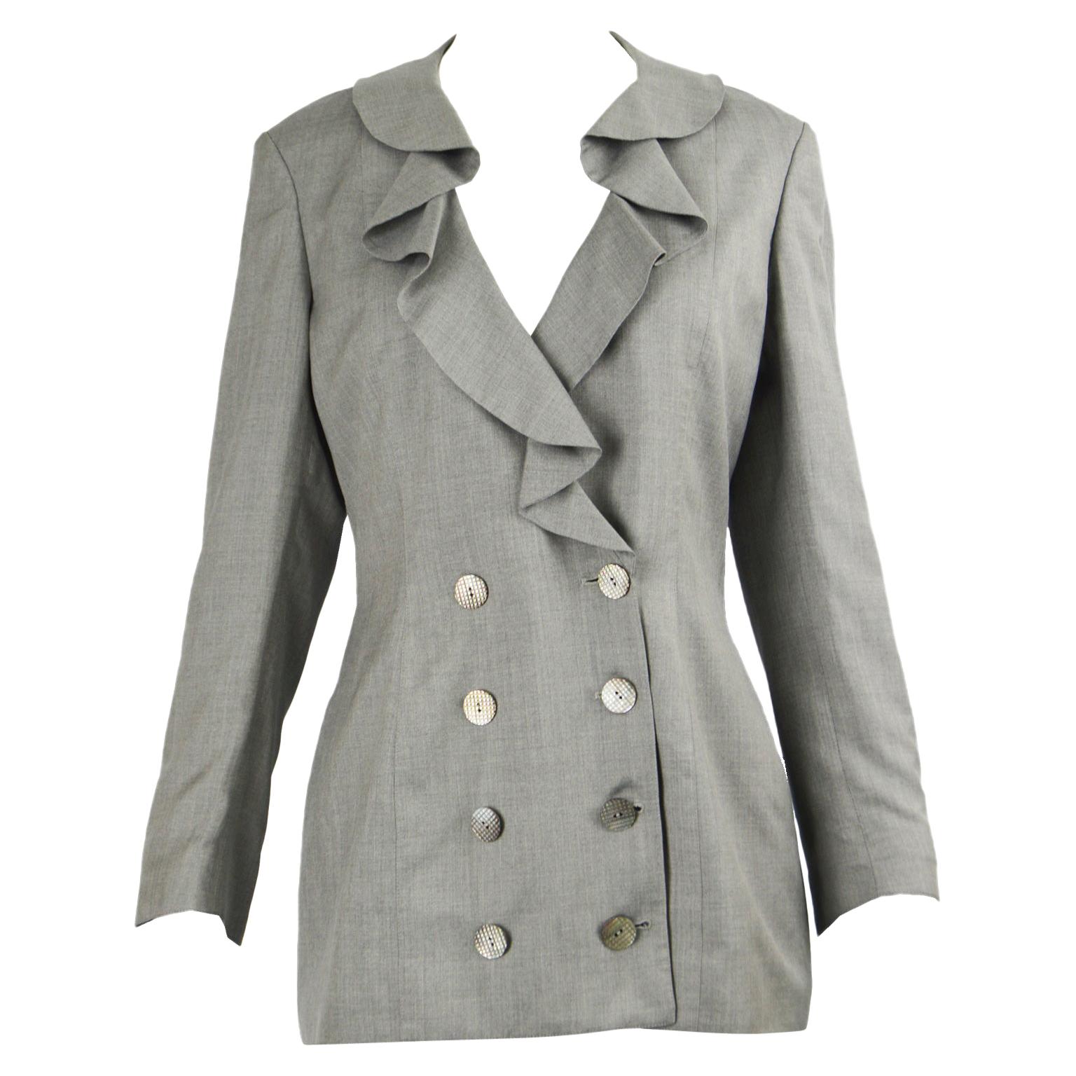 Valentino Vintage 1980s Women's Grey Ruffled Silk Lined Blazer Jacket For Sale