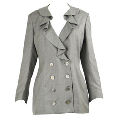 Valentino Vintage 1980s Women's Grey Ruffled Silk Lined Blazer Jacket