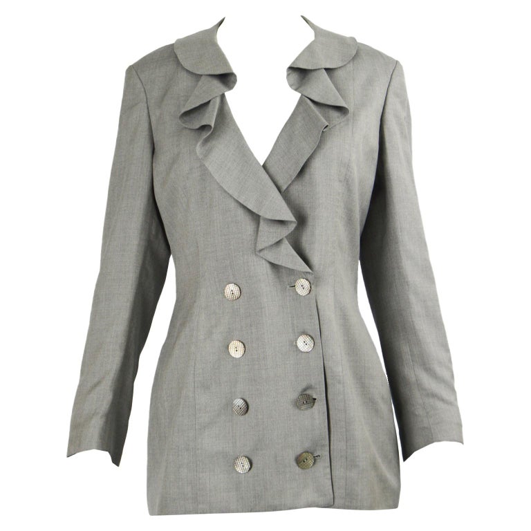 Valentino Vintage 1980s Women's Grey Ruffled Silk Lined Blazer Jacket ...