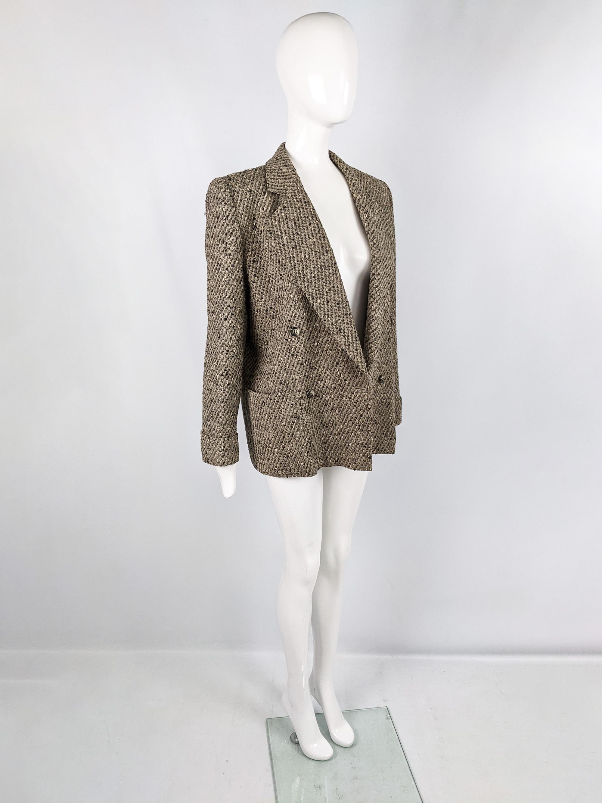 Gray Valentino Vintage 80s Miss V Double Breasted Shoulder Pads Tweed Blazer Jacket