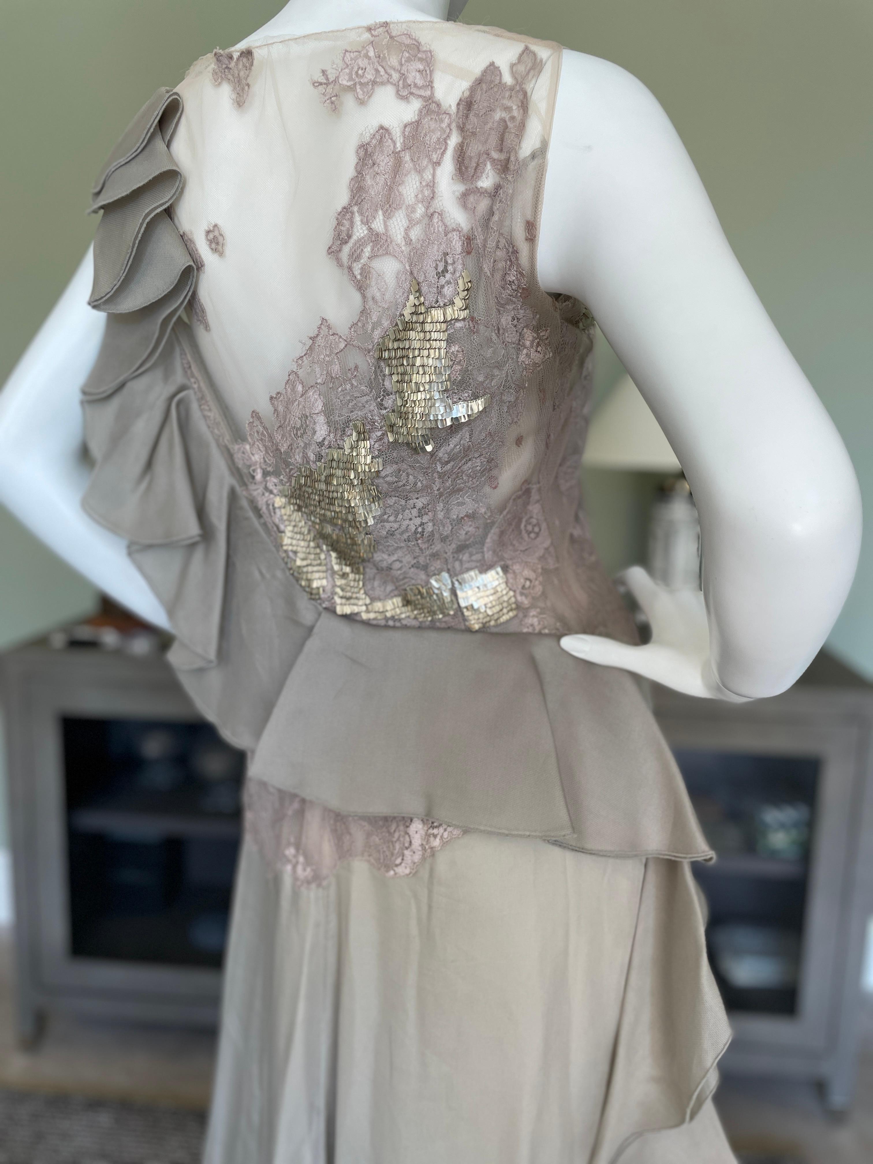 Gray Valentino Vintage 80's Sheer Embellished Silk Evening Dress Size 12 For Sale