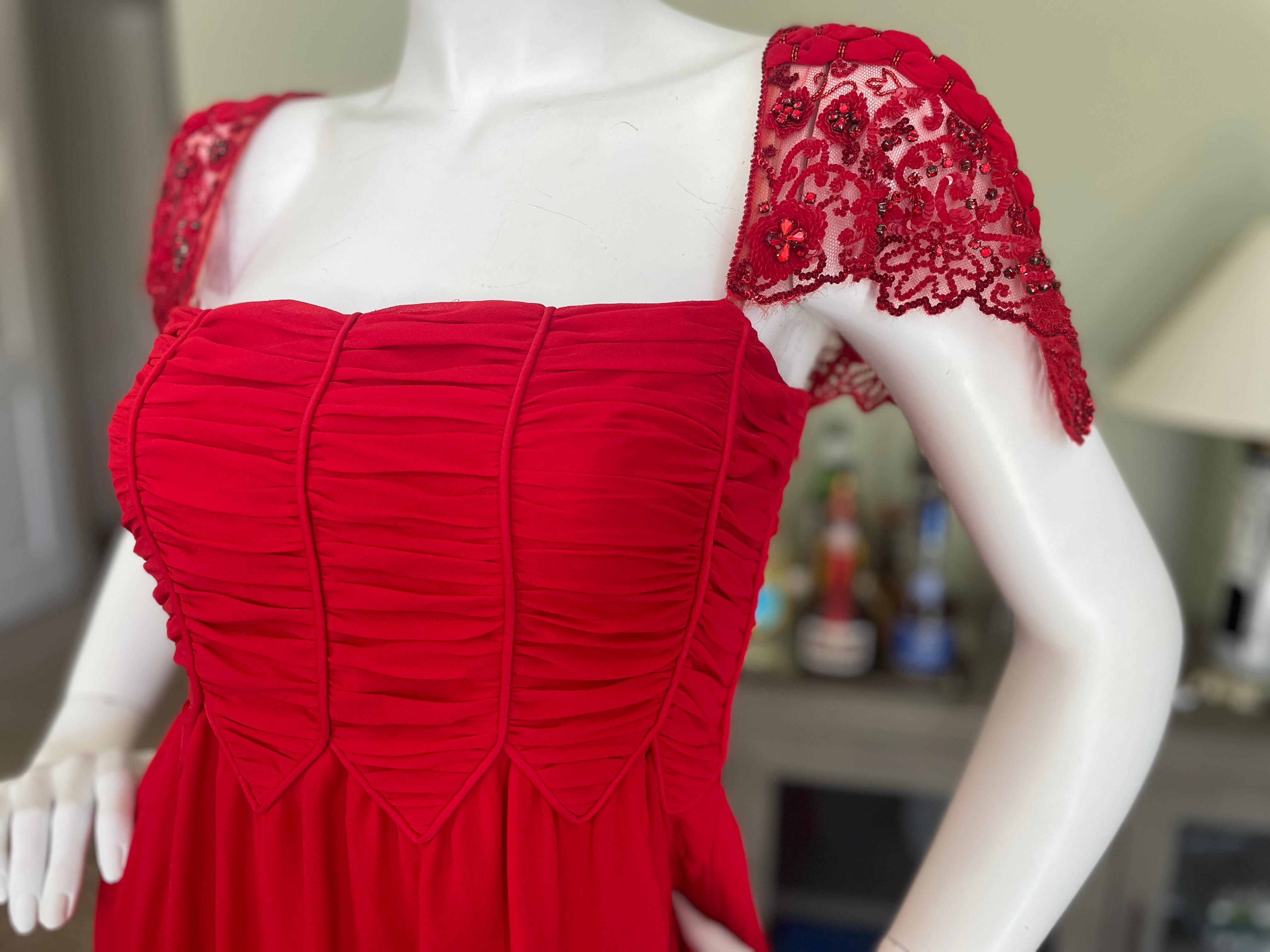 Valentino Vintage 90's Red Silk Evening Dress with Embellished Shoulders In New Condition For Sale In Cloverdale, CA