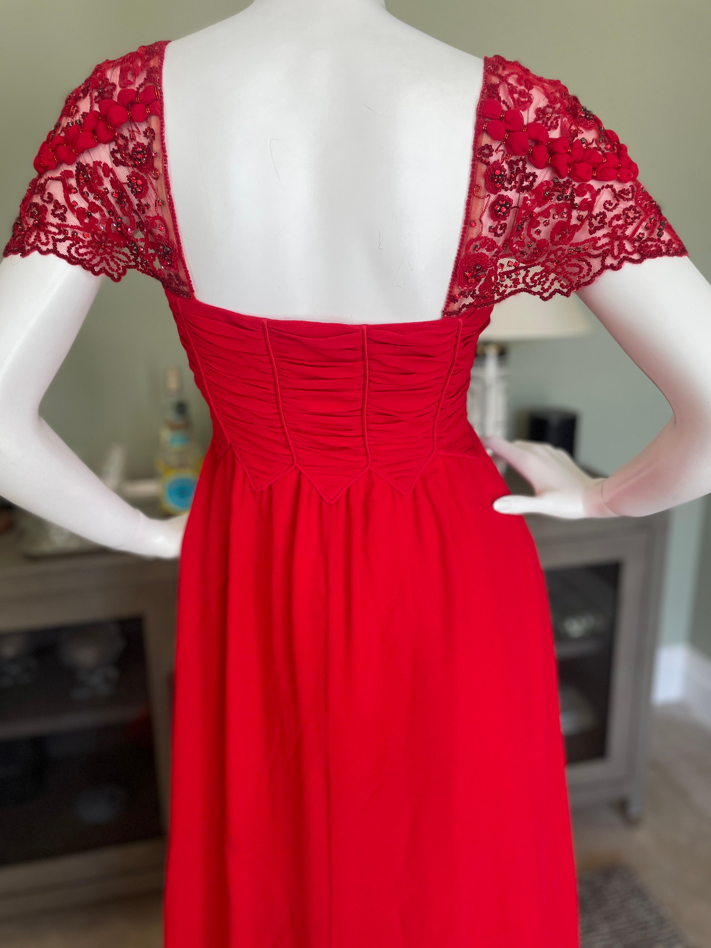 Valentino Vintage 90's Red Silk Evening Dress with Embellished Shoulders For Sale 1