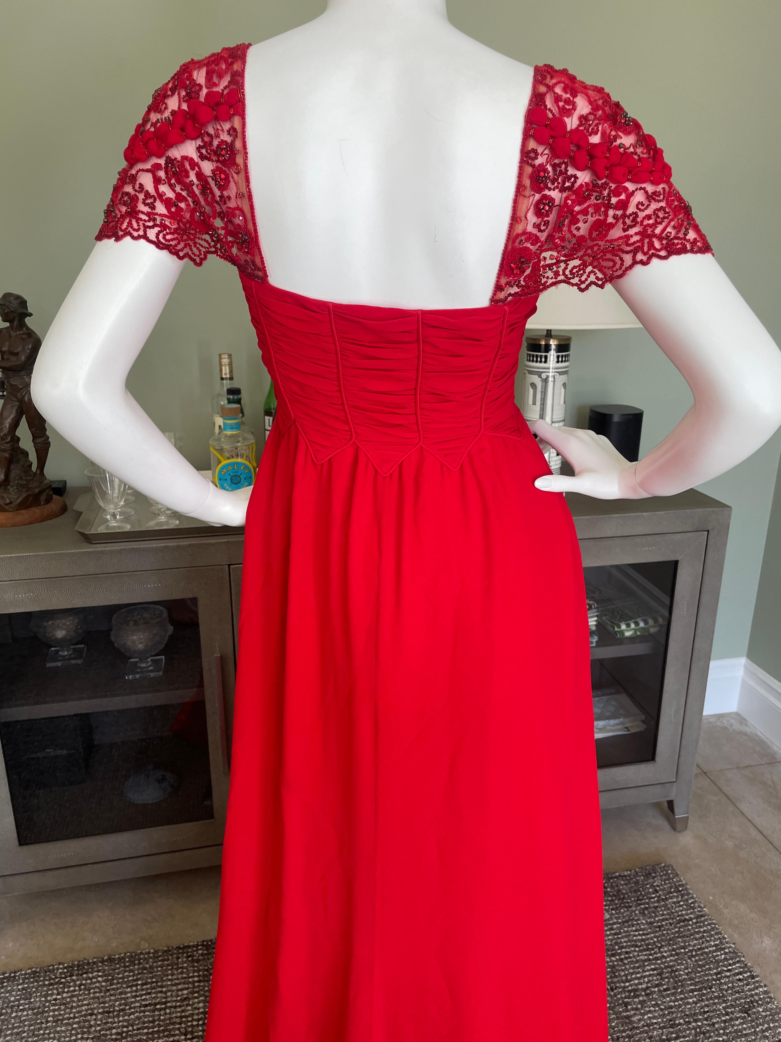 Valentino Vintage 90's Red Silk Evening Dress with Embellished Shoulders For Sale 3