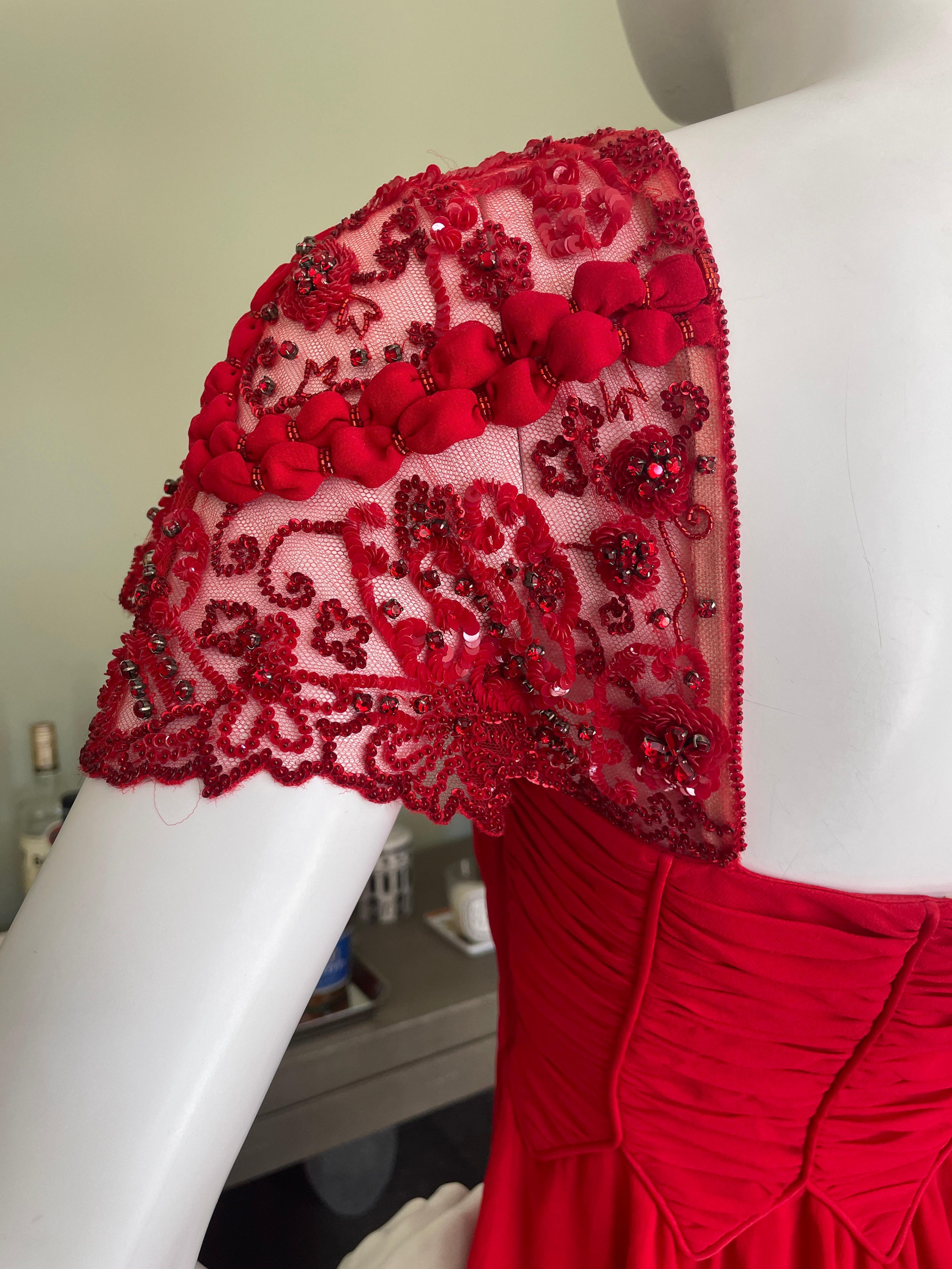 Valentino Vintage 90's Red Silk Evening Dress with Embellished Shoulders For Sale 5