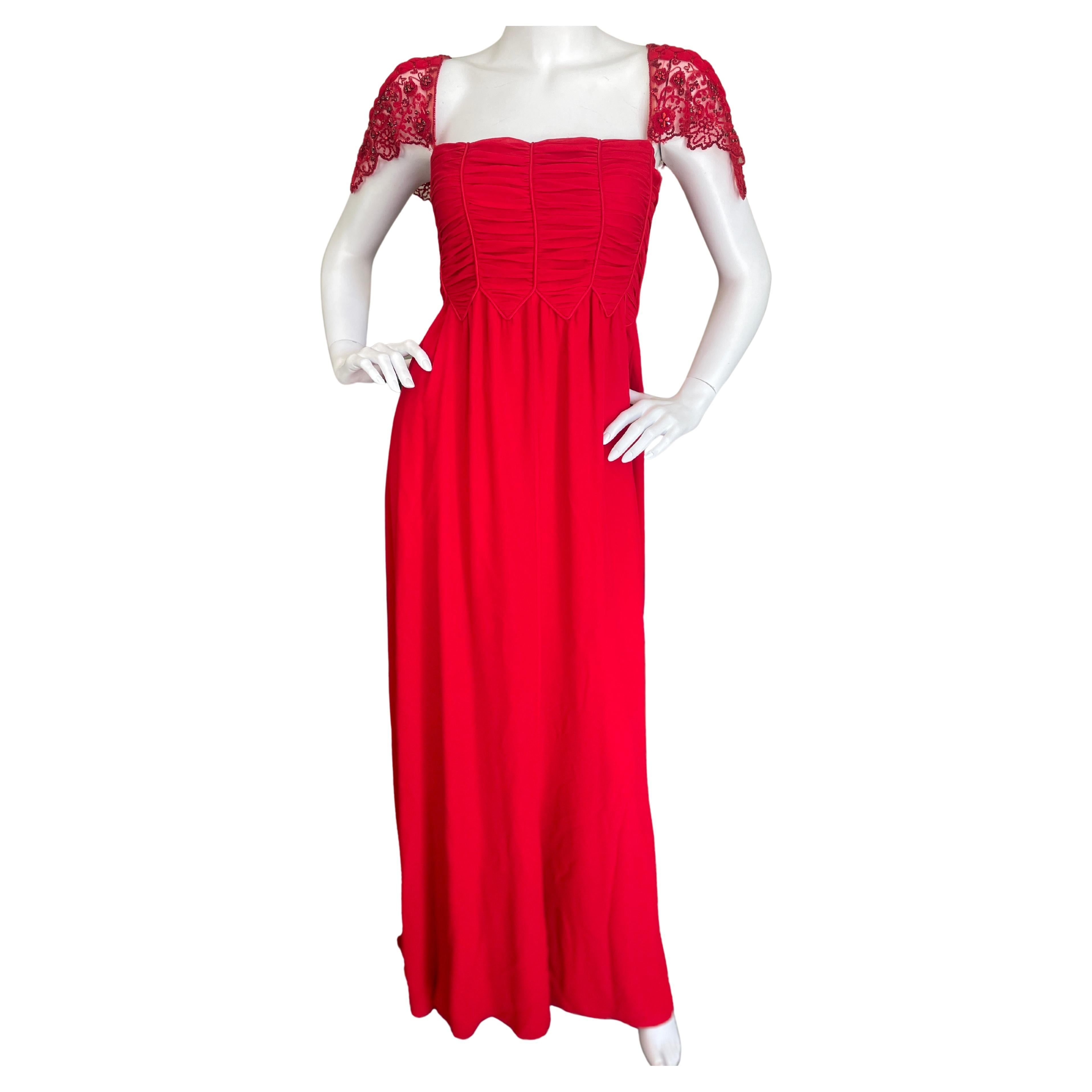 Valentino Vintage 90's Red Silk Evening Dress with Embellished Shoulders For Sale