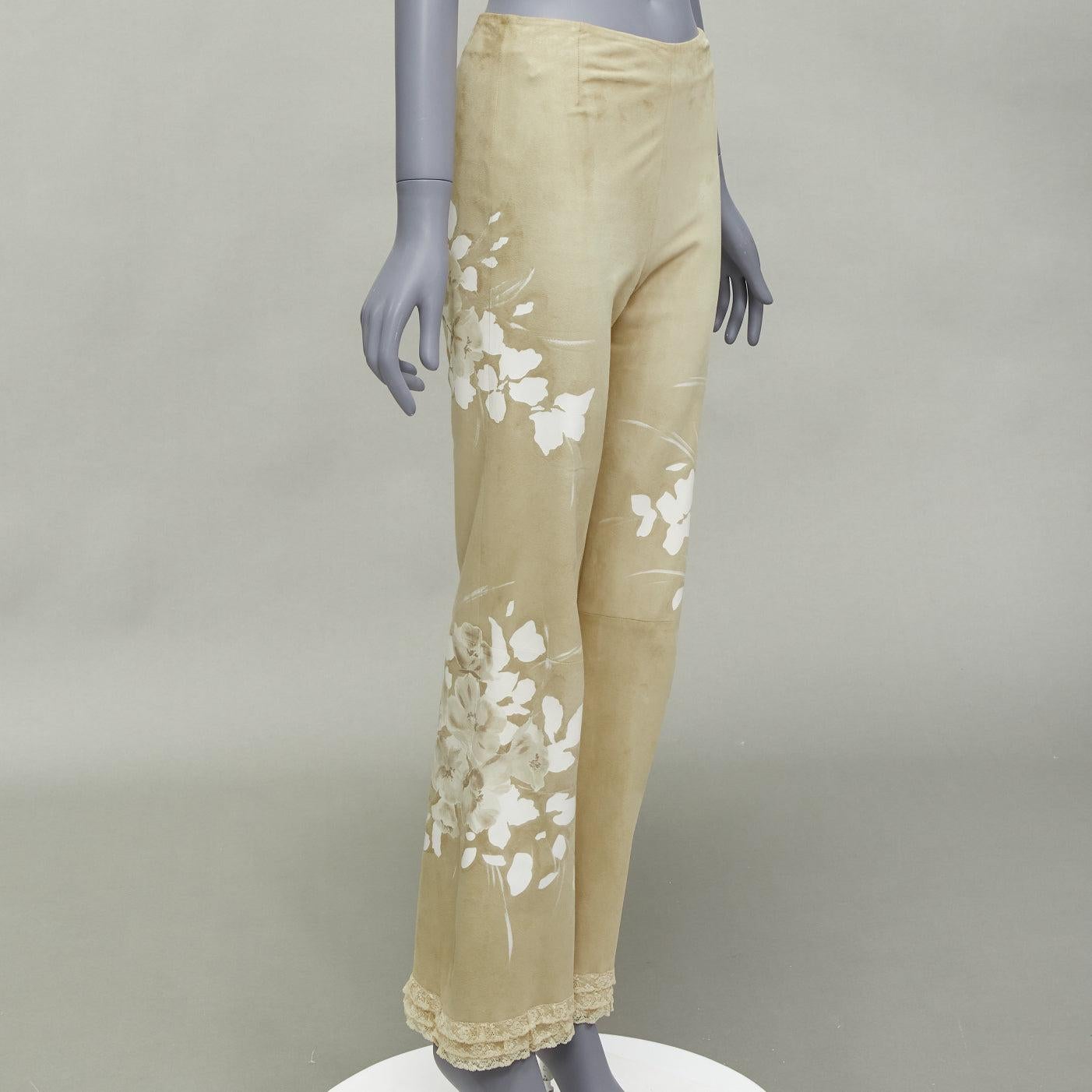 Beige VALENTINO Vintage beige hand painted floral lambskin suede leather pants UK6 XS For Sale