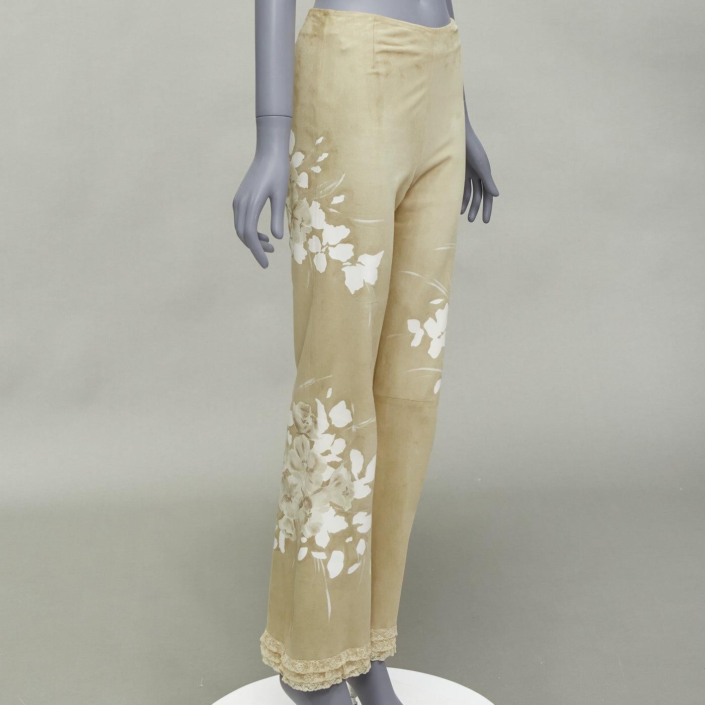 Women's VALENTINO Vintage beige hand painted floral lambskin suede leather pants UK6 XS For Sale