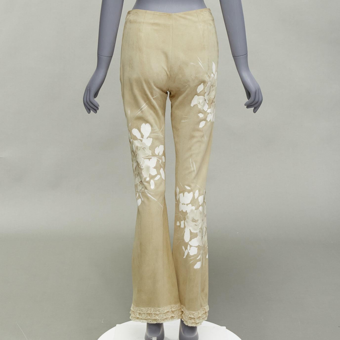 VALENTINO Vintage beige hand painted floral lambskin suede leather pants UK6 XS For Sale 2