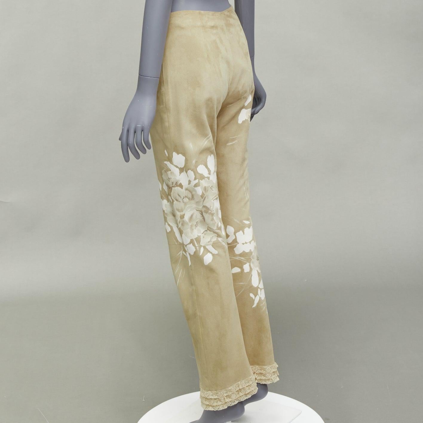 VALENTINO Vintage beige hand painted floral lambskin suede leather pants UK6 XS For Sale 2