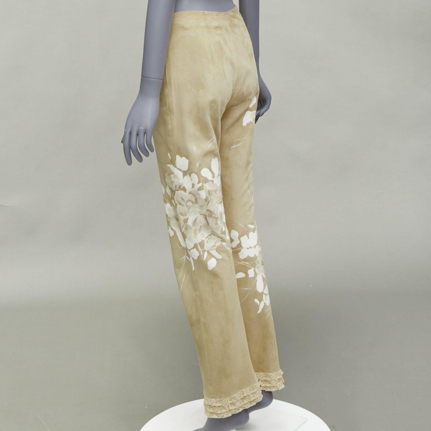 VALENTINO Vintage beige hand painted floral lambskin suede leather pants UK6 XS For Sale 3