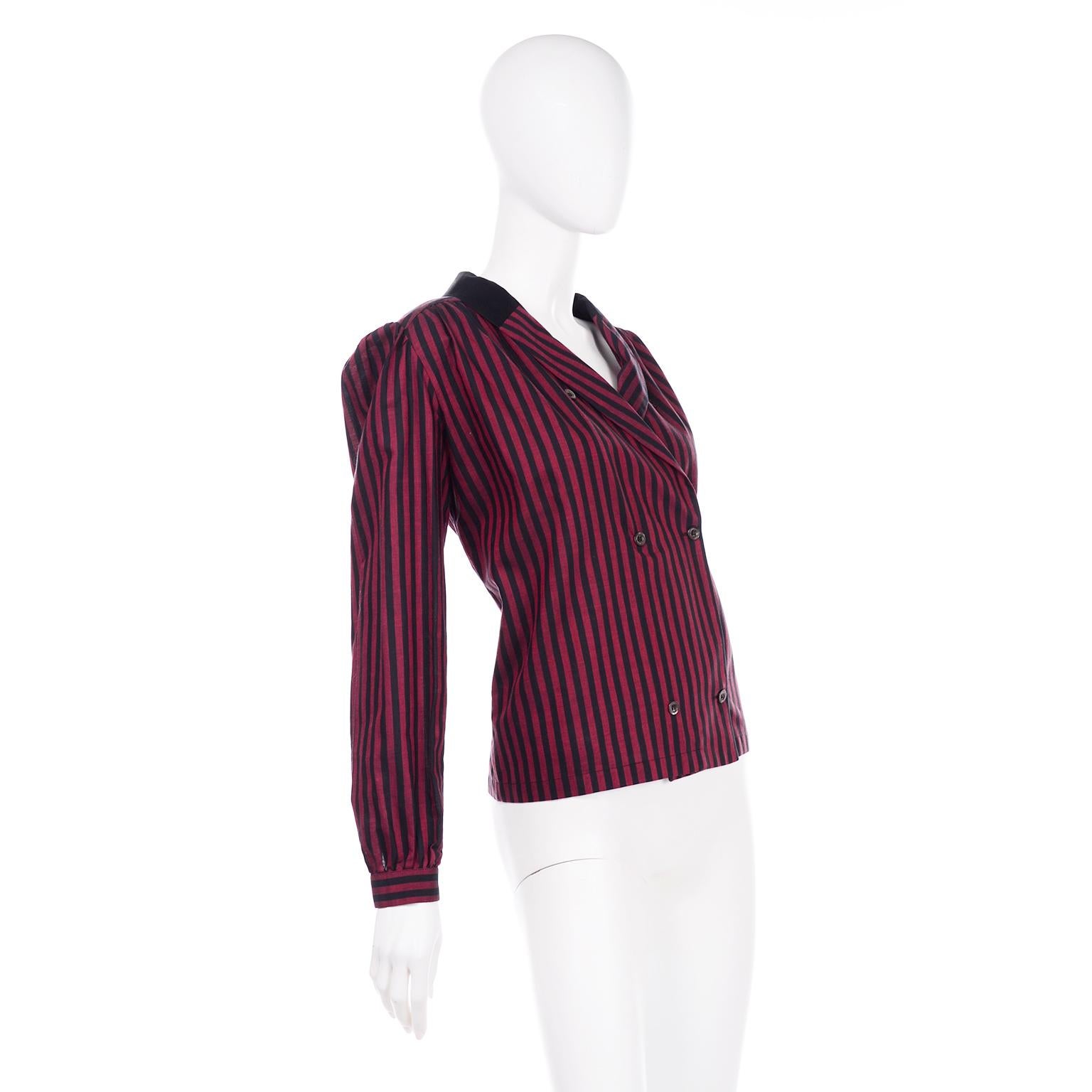 Valentino Vintage Schwarz und Rot gestreifte Bluse aus Baumwolle und Seide mit Knopfleiste vorne im Angebot 1