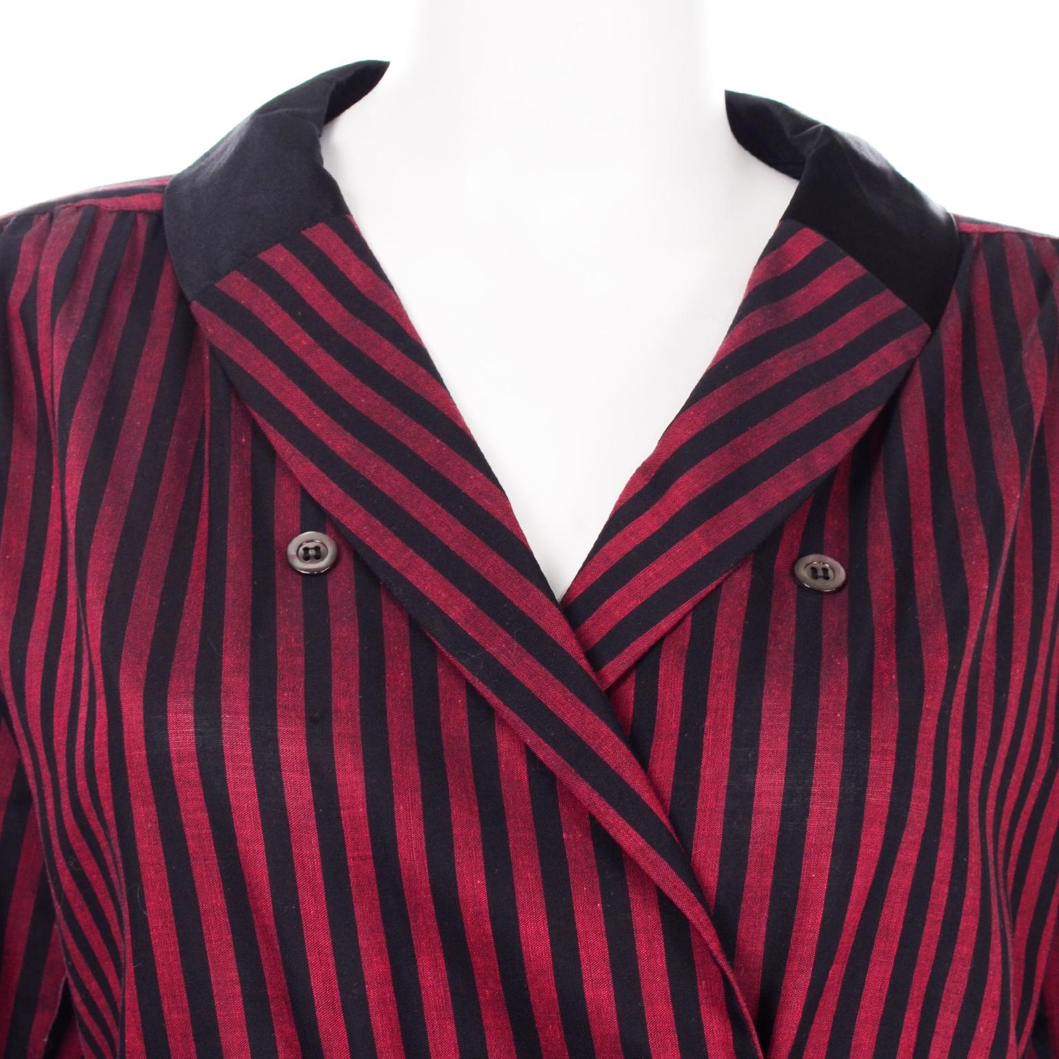 Women's Valentino Vintage Black and Red Striped Cotton & Silk Button Front Blouse For Sale