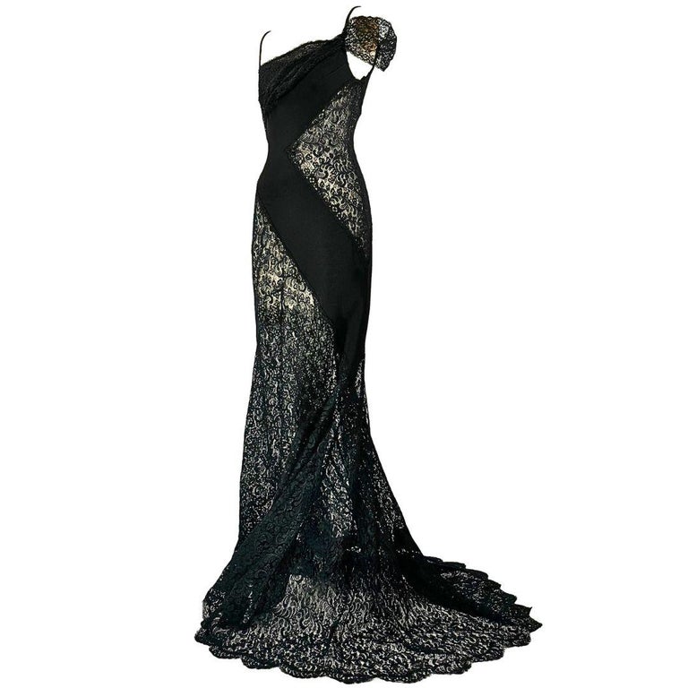 Valentino Vintage Black Lace Evening Gown Size 4 For Sale at 1stDibs