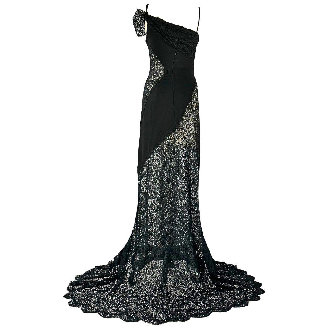 Women's Valentino Vintage Black Lace Evening Gown Size 4 For Sale