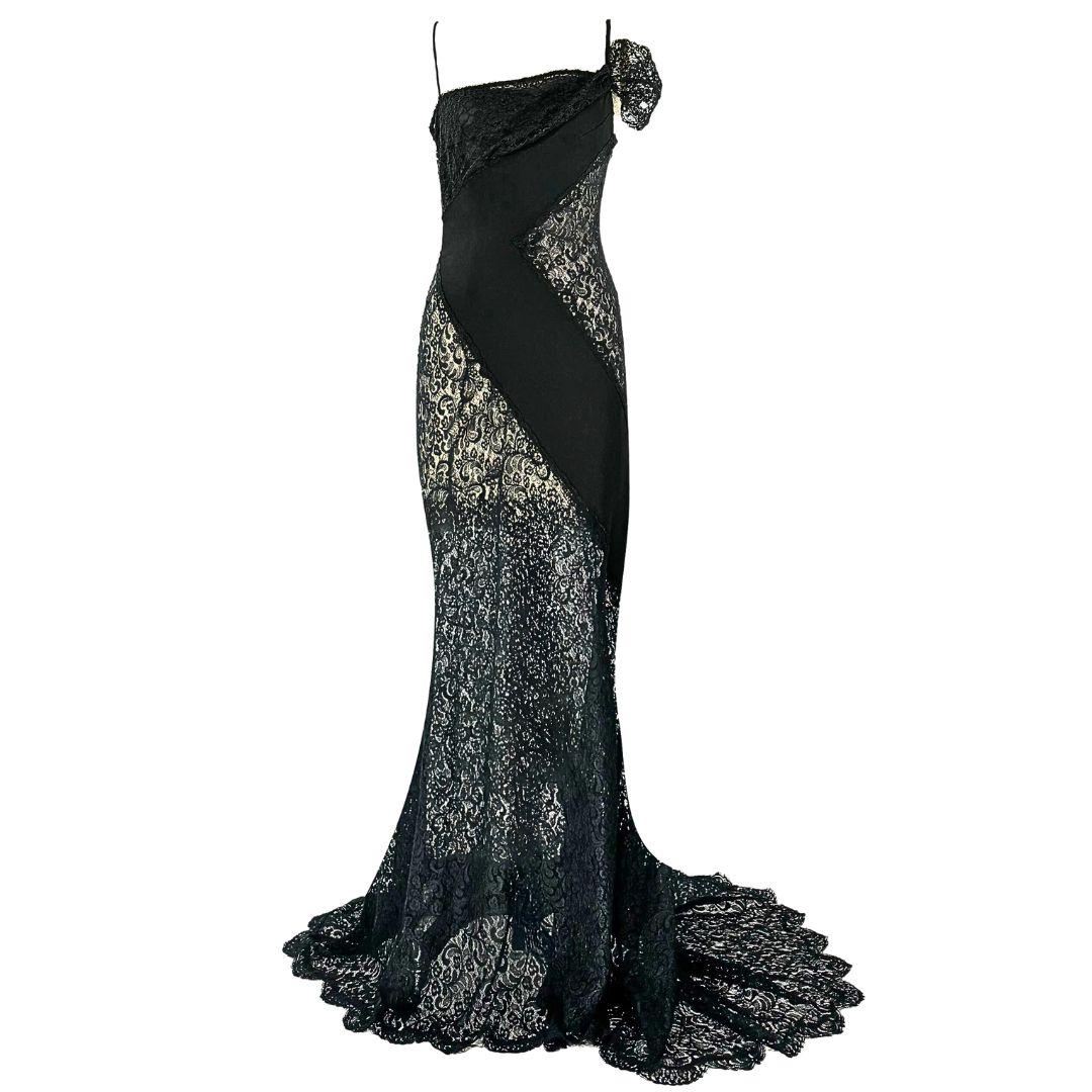 Valentino Vintage Black Lace Evening Gown Size 4 For Sale
