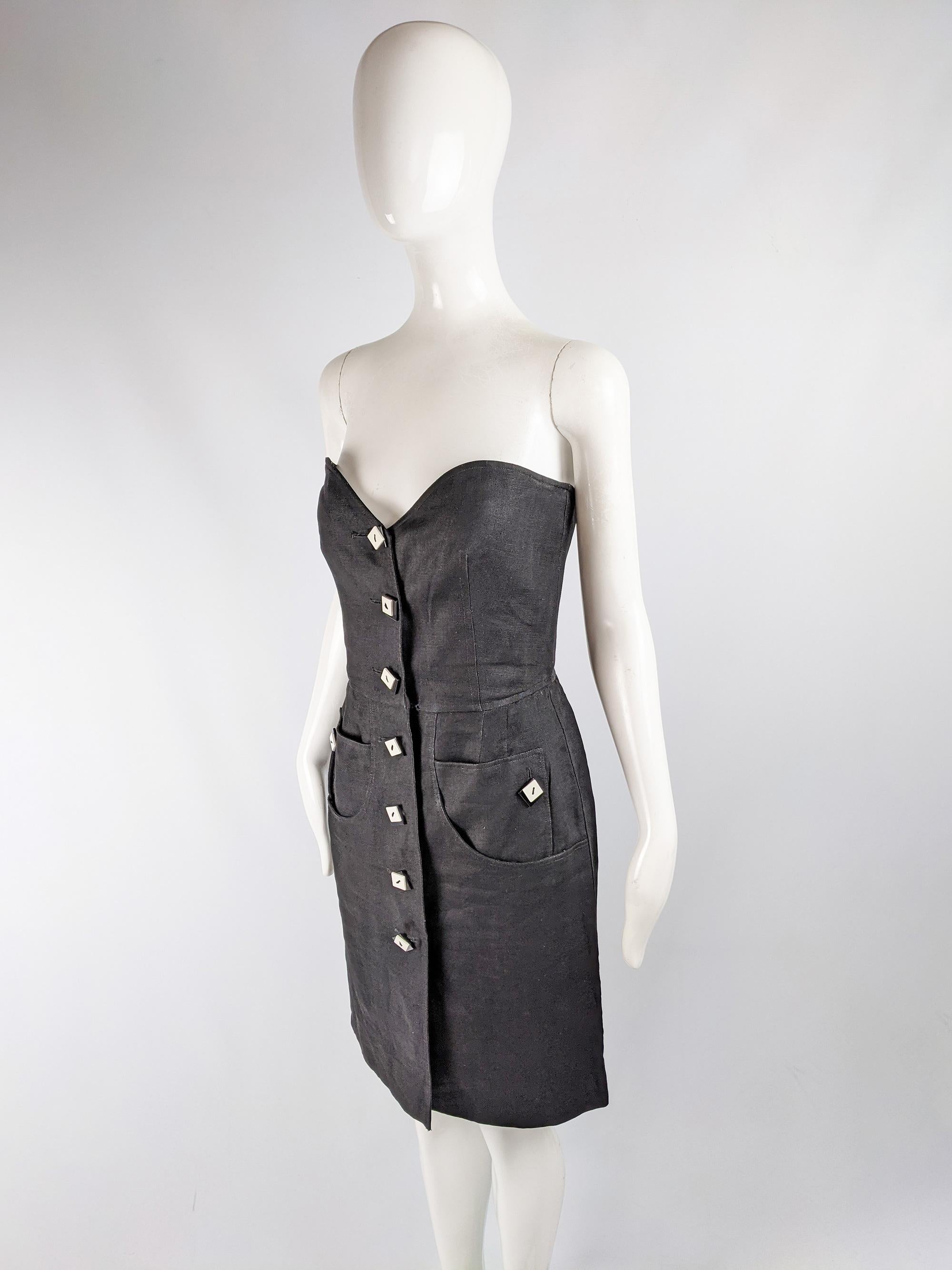 Valentino Vintage Black Linen Party Dress, 1980s For Sale 1