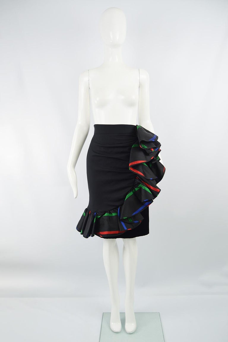 Valentino Vintage Black Multicolored Ruffle Evening Pencil Skirt, 1980s ...