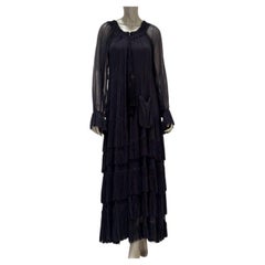 Valentino Vintage Black Pleated Tiered Dress with Sheer Sleeves, S/M