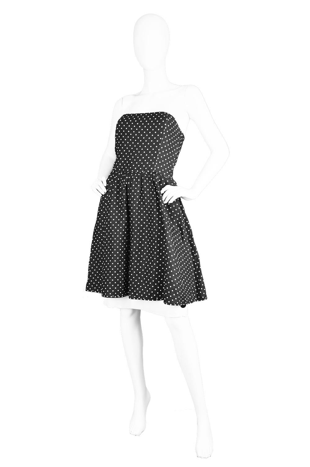 Valentino Vintage Black Polka Dot Linen Strapless Flared Skirt Dress, 1980s 1