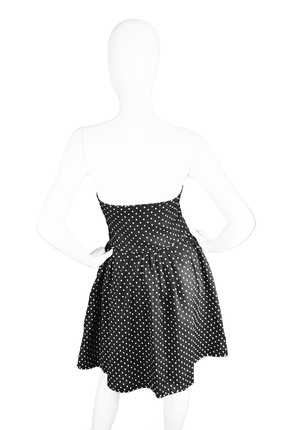 Valentino Vintage Black Polka Dot Linen Strapless Flared Skirt Dress, 1980s 3