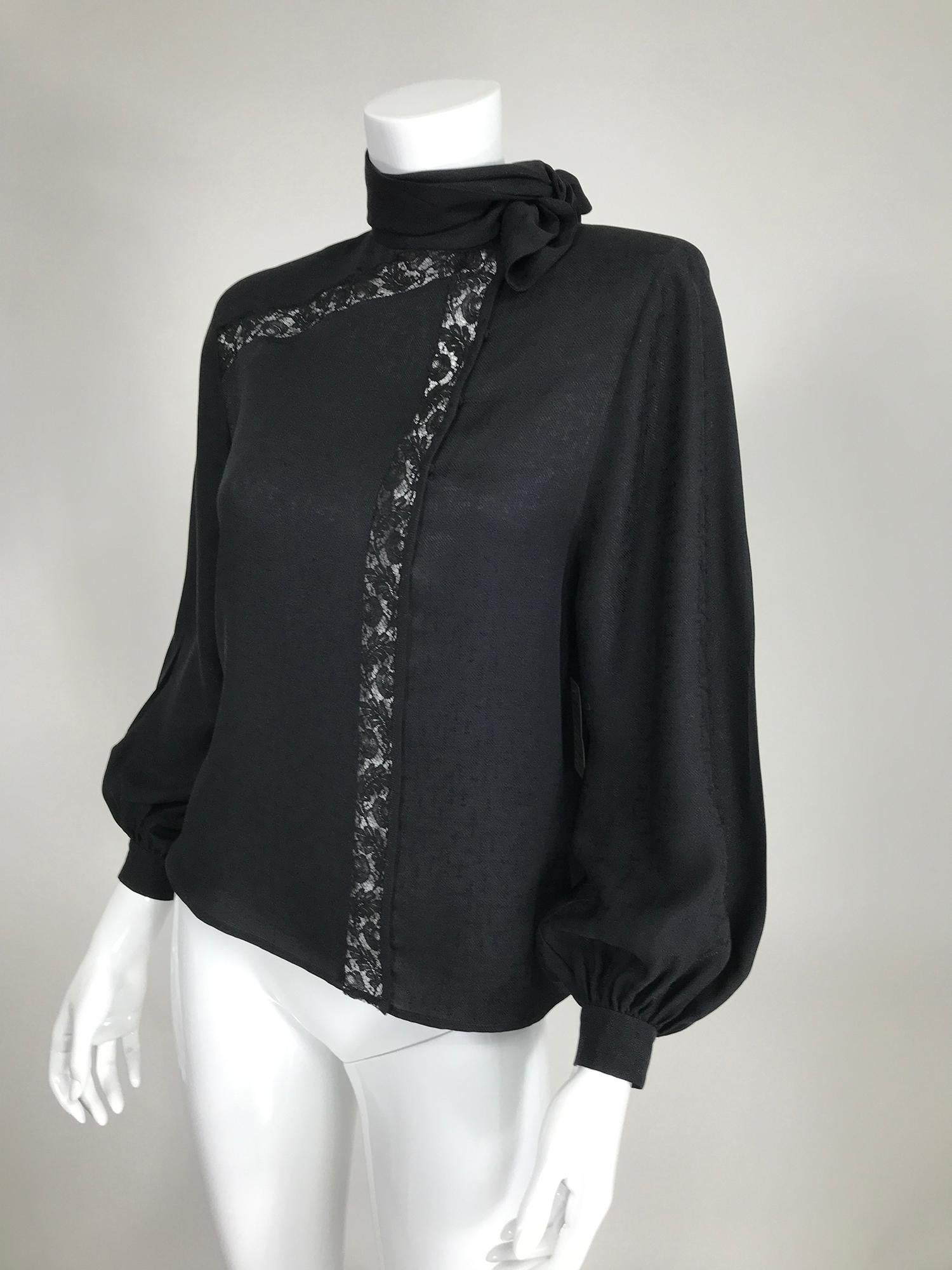 Valentino Vintage Black Silk Jacquard Tie Neck Blouse 5