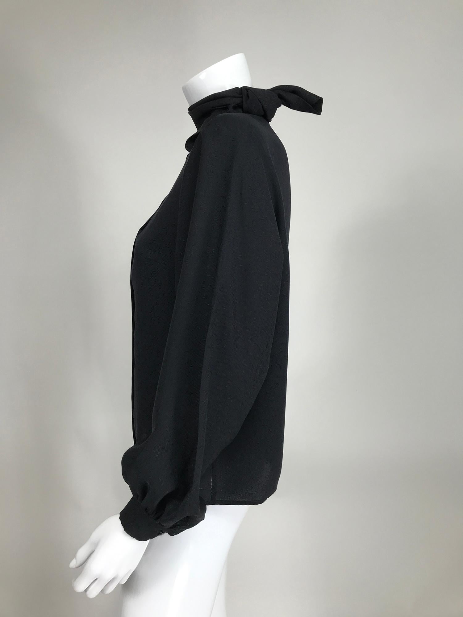 Valentino Vintage Black Silk Jacquard Tie Neck Blouse 3