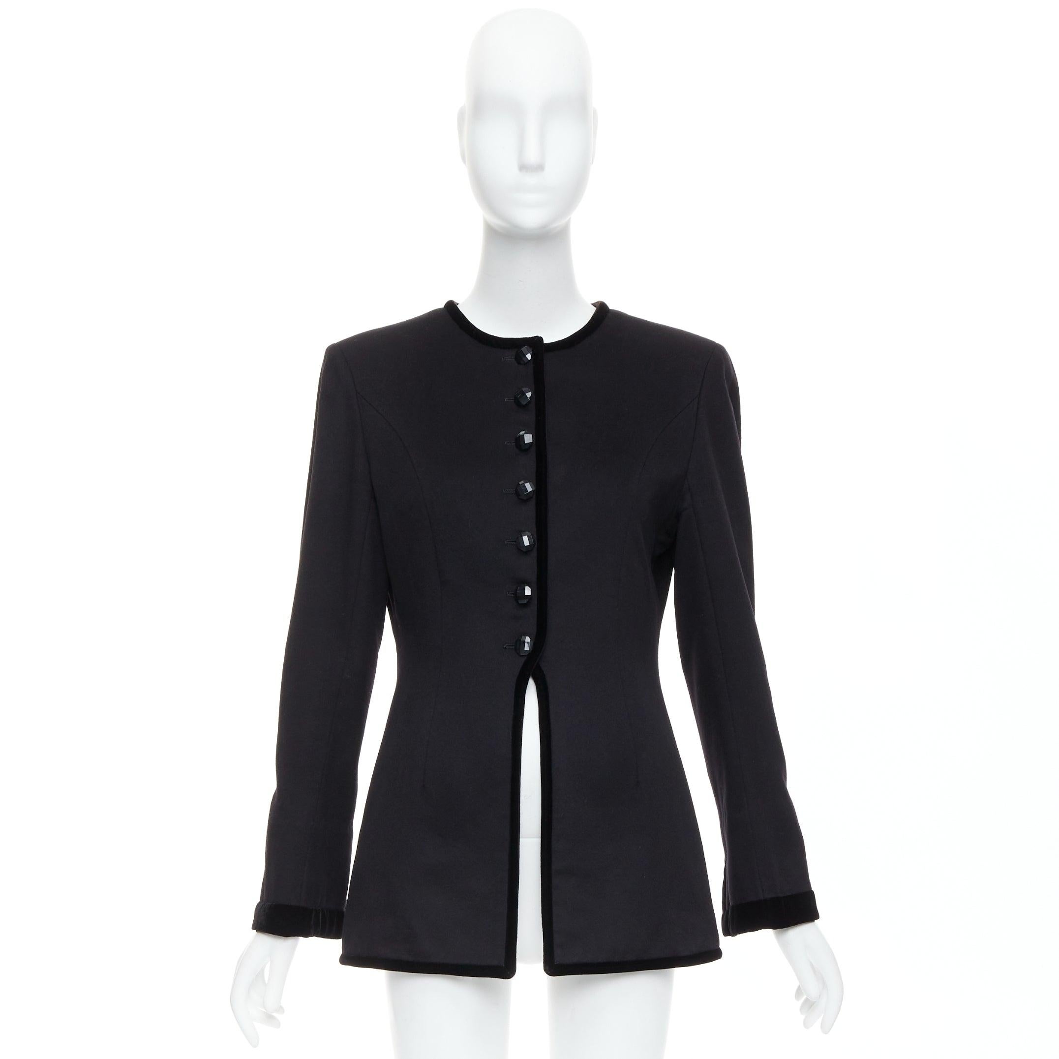 VALENTINO Vintage black wool velvet trim faceted button jacket UK10 M For Sale 8
