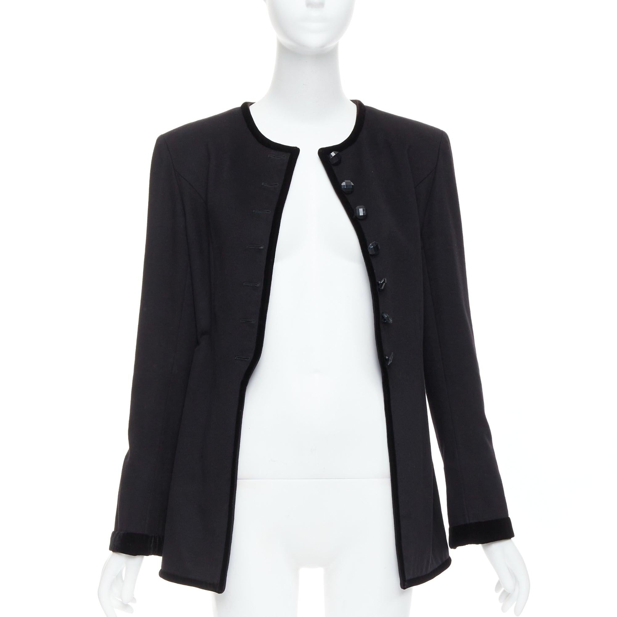 Black VALENTINO Vintage black wool velvet trim faceted button jacket UK10 M For Sale