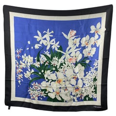 Valentino Vintage Blue and Black Silk Floral Flowers Print Scarf