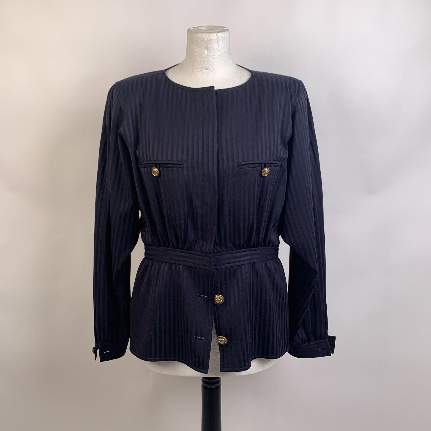 Black Valentino Vintage Blue Striped Collarless Peplum Hem Jacket Size 10