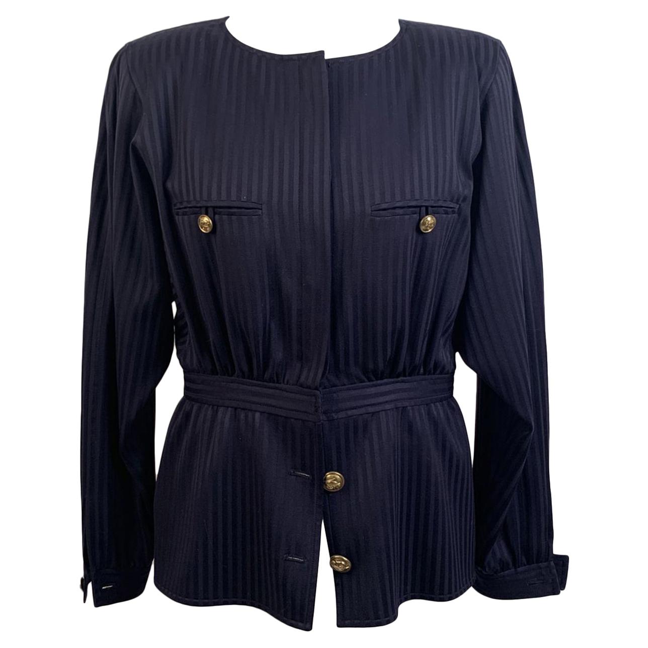 Valentino Vintage Blue Striped Collarless Peplum Hem Jacket Size 10