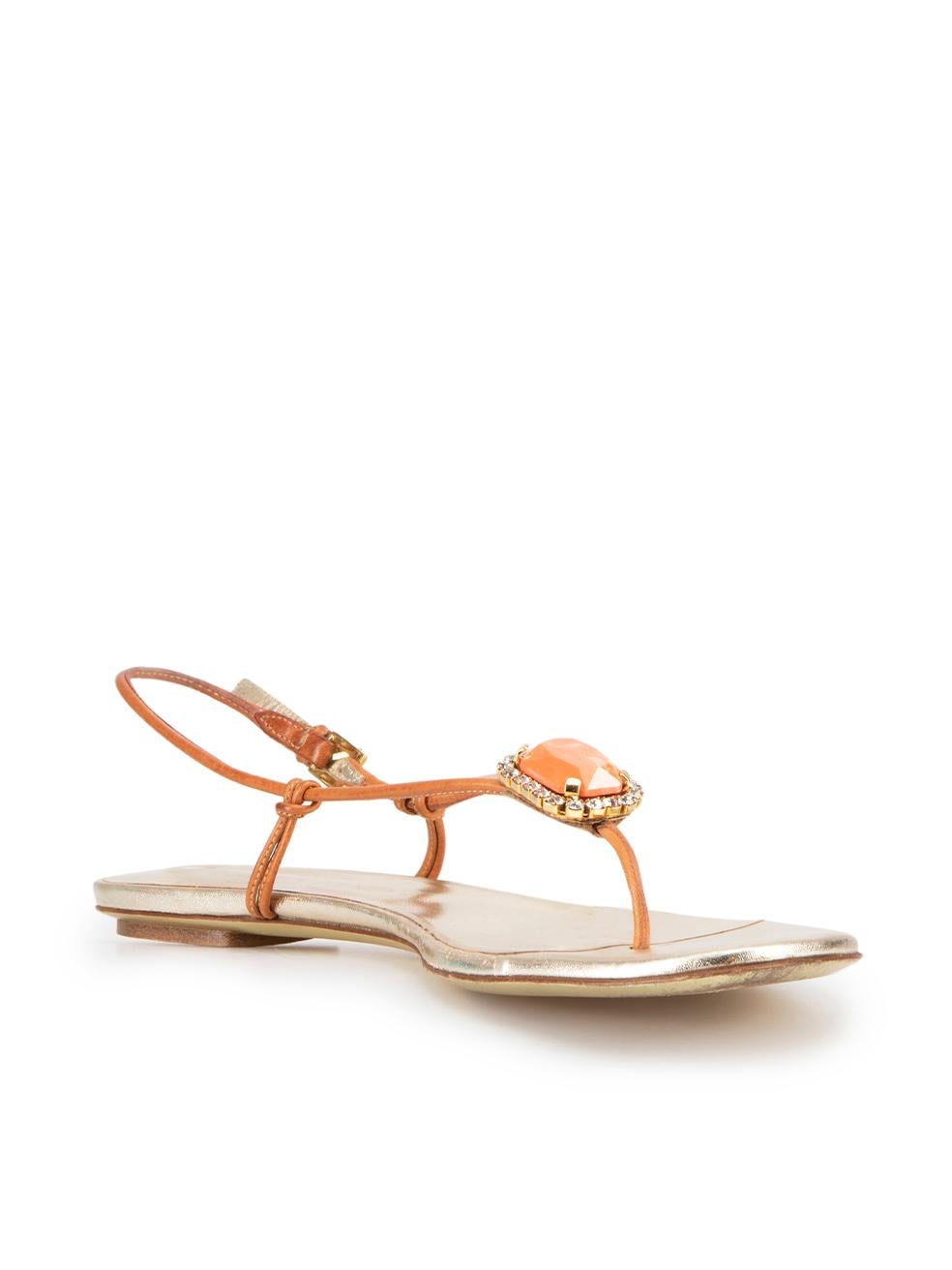 CONDITION is Good. Minor wear to sandals is evident. Light wear to the leather straps, footbeds and coral embellishment with discoloured marks on this used Valentino designer resale item.
  
Details
Brown
Leather
Thong sandals
Open toe
Flat