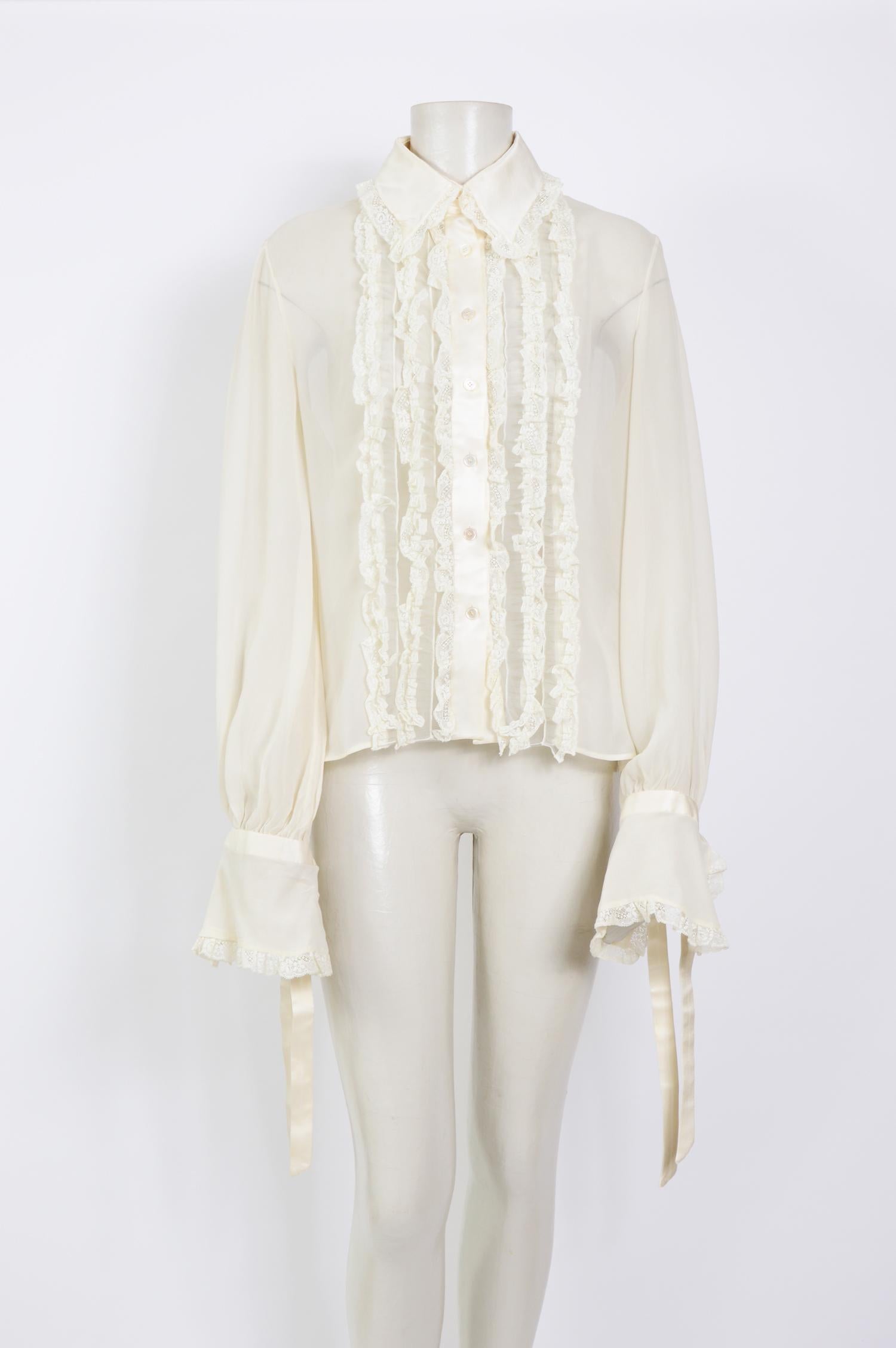 Stunning blouse by Valentino.
Made in ivory 100% silk, satin, and lace ruffle blouse 
Made in Italy.
Please go by measurements taken flat:
Sh to Sh 16inch/41cm - Ua to Ua 21,5inch/54cm - Waist 19inch/48cm - Total Length 23inch/58cm - Sleeve 23 to