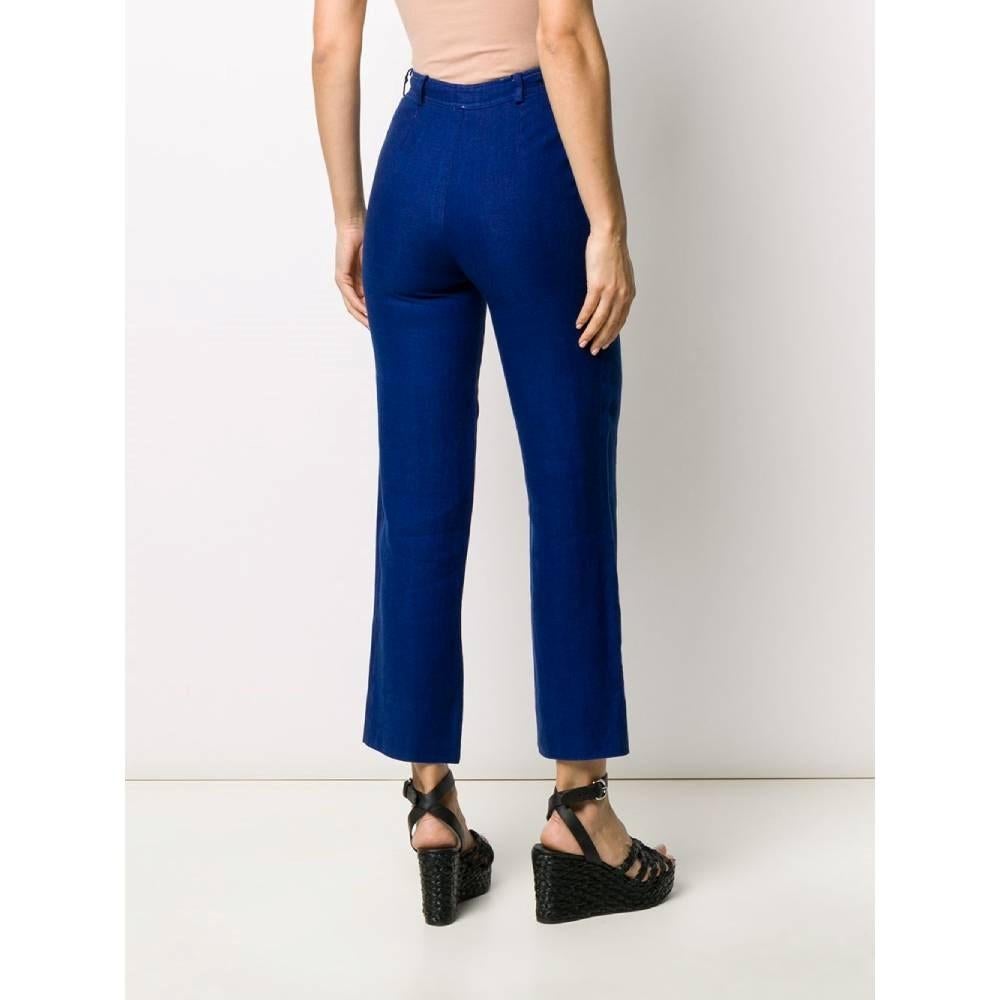 Valentino Vintage electric blue linen straight 80s upcycled trousers In Good Condition For Sale In Lugo (RA), IT