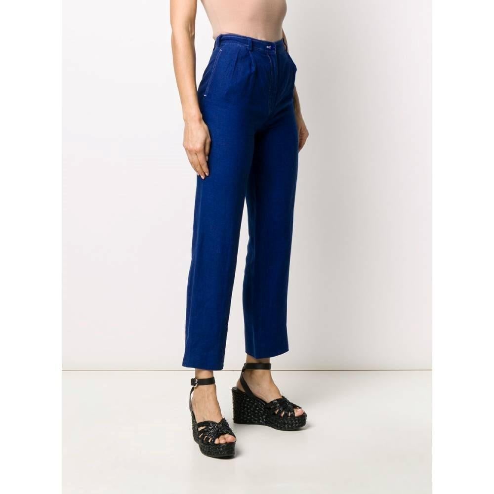 Women's Valentino Vintage electric blue linen straight 80s upcycled trousers For Sale