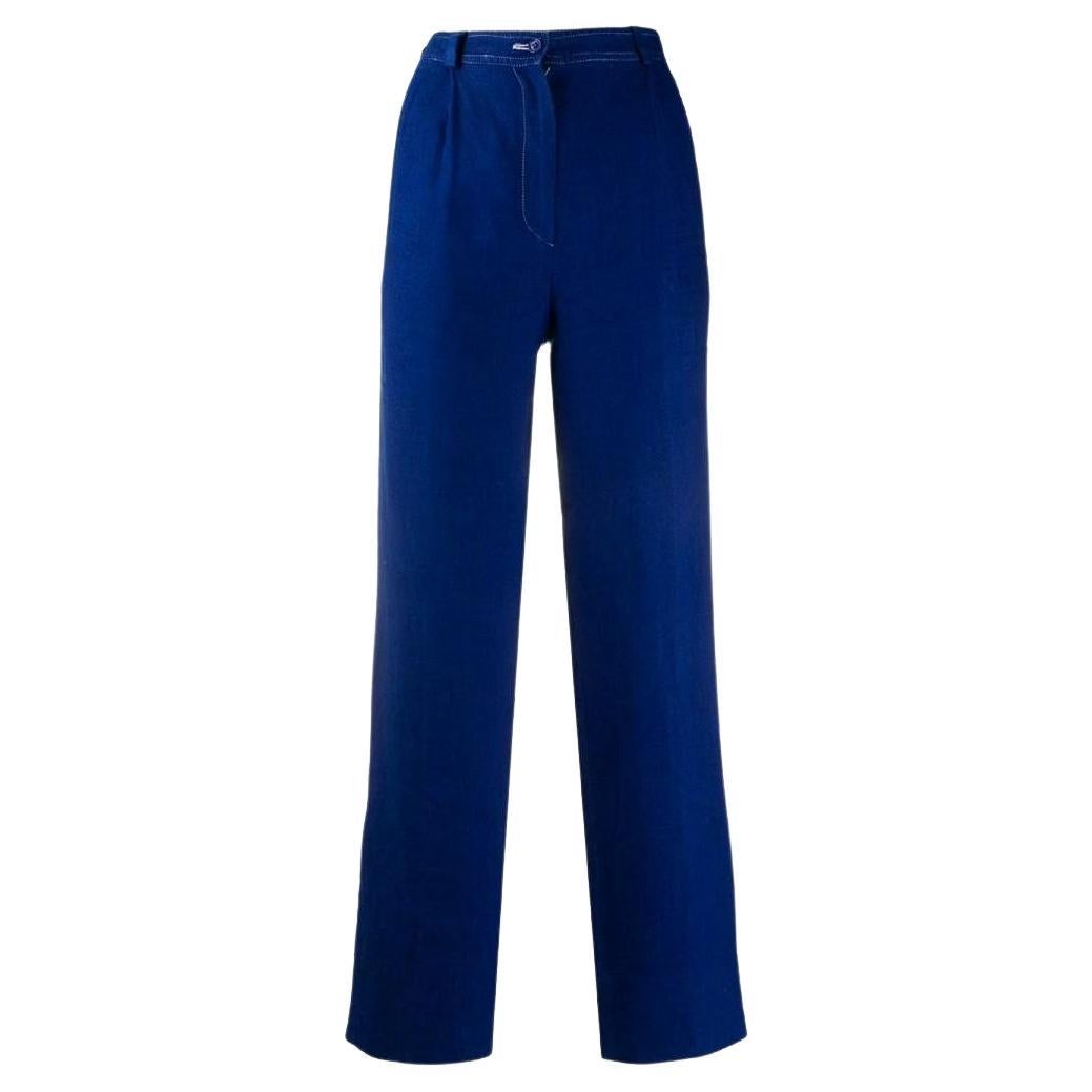 Valentino Vintage electric blue linen straight 80s upcycled trousers For Sale