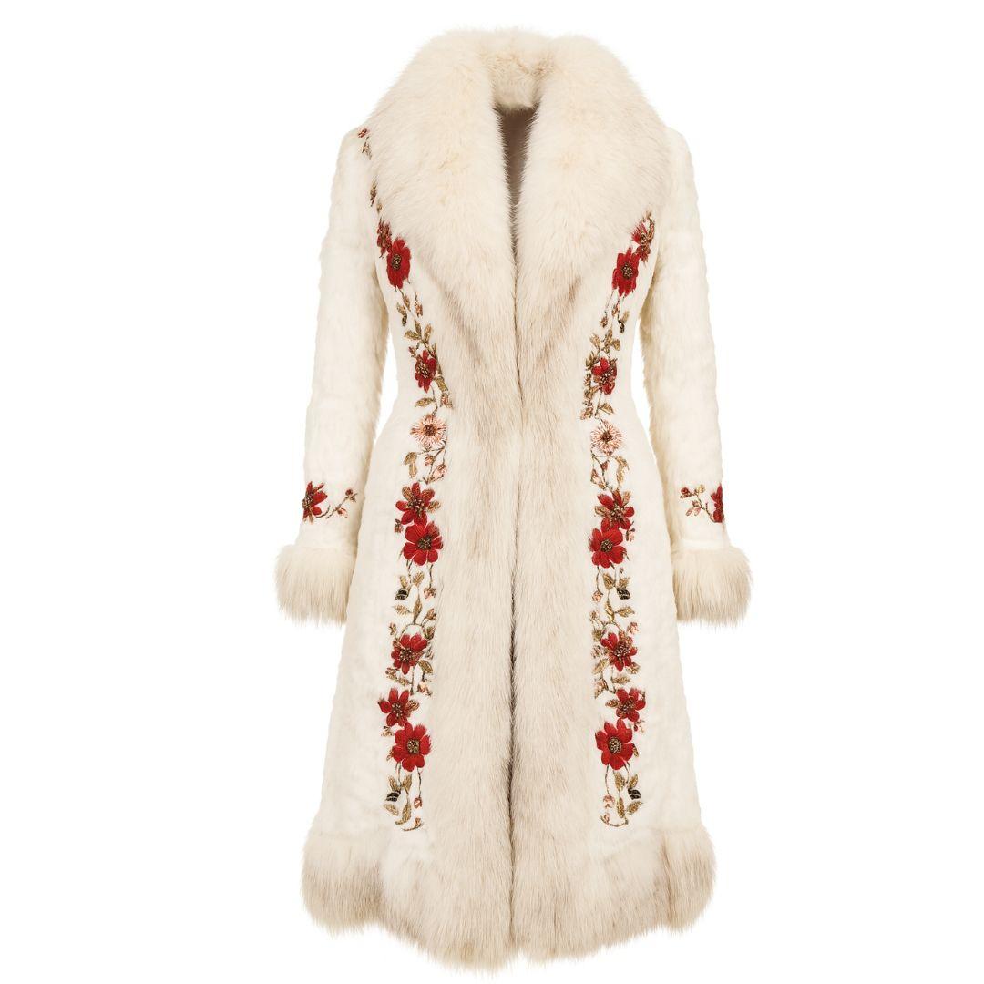 Valentino Roma - Cappotto vintage in pelliccia di volpe ricamata di capretto    Taglia 2 