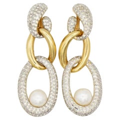 Valentino Vintage Extra Long Trio Interlocked Crystals Pearl Hoop Drop Earrings