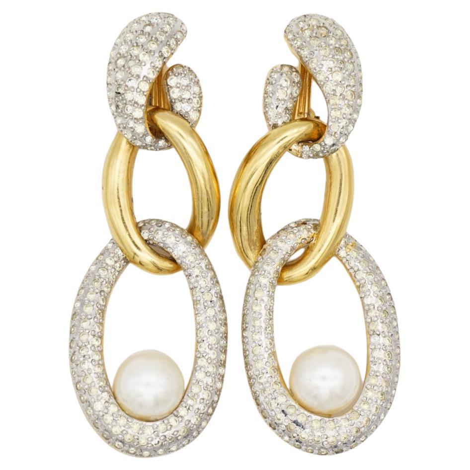 Valentino Vintage Extra Long Trio Interlocked Crystals Pearl Hoop Drop Earrings For Sale