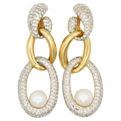 Valentino Vintage Extra Long Trio Interlocked Hoop Crystals Pearl Drop Earrings