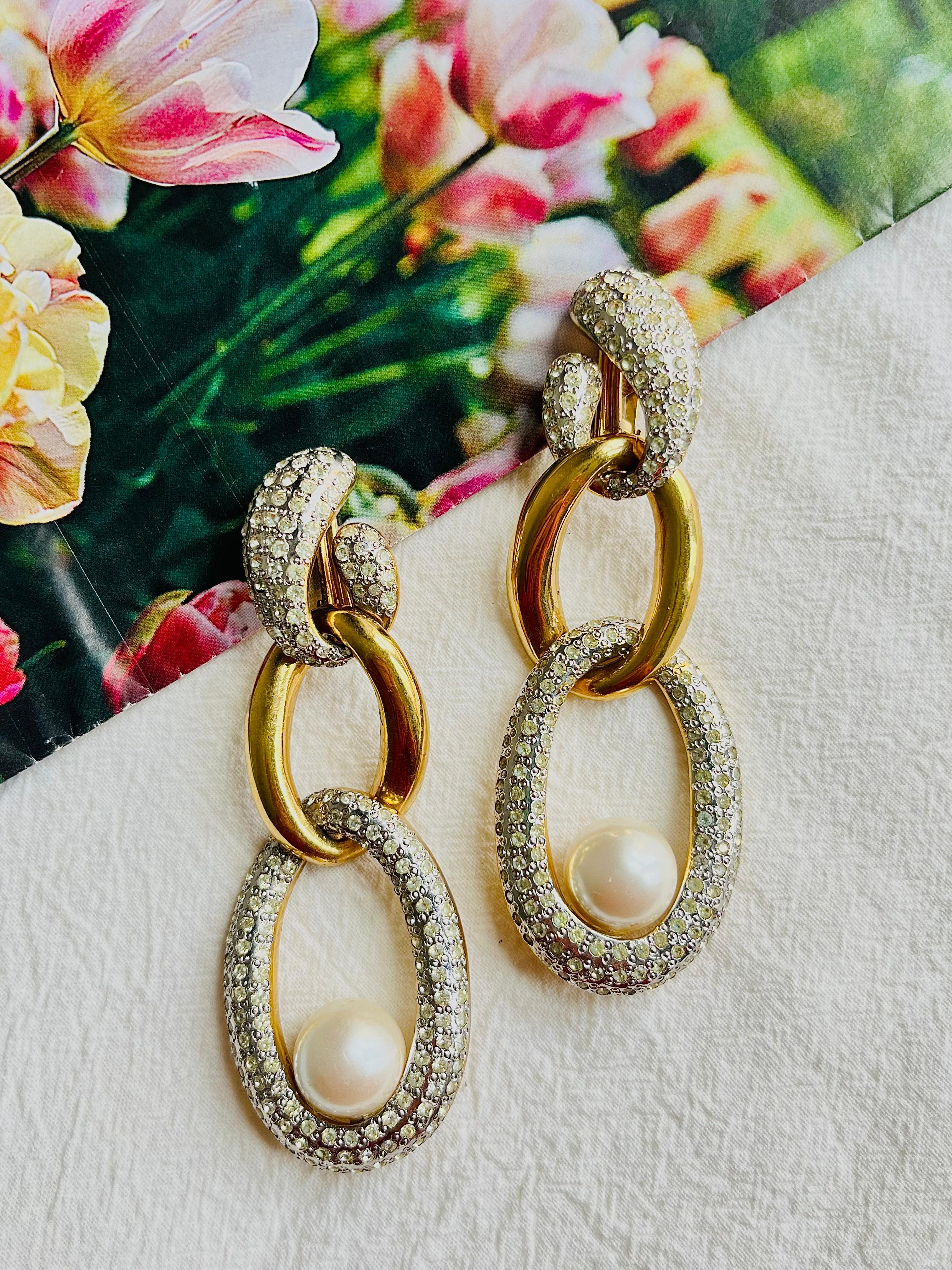 Art Deco Valentino Vintage Extra Long Trio Interlocked Hoop Crystals Pearl Drop Earrings
