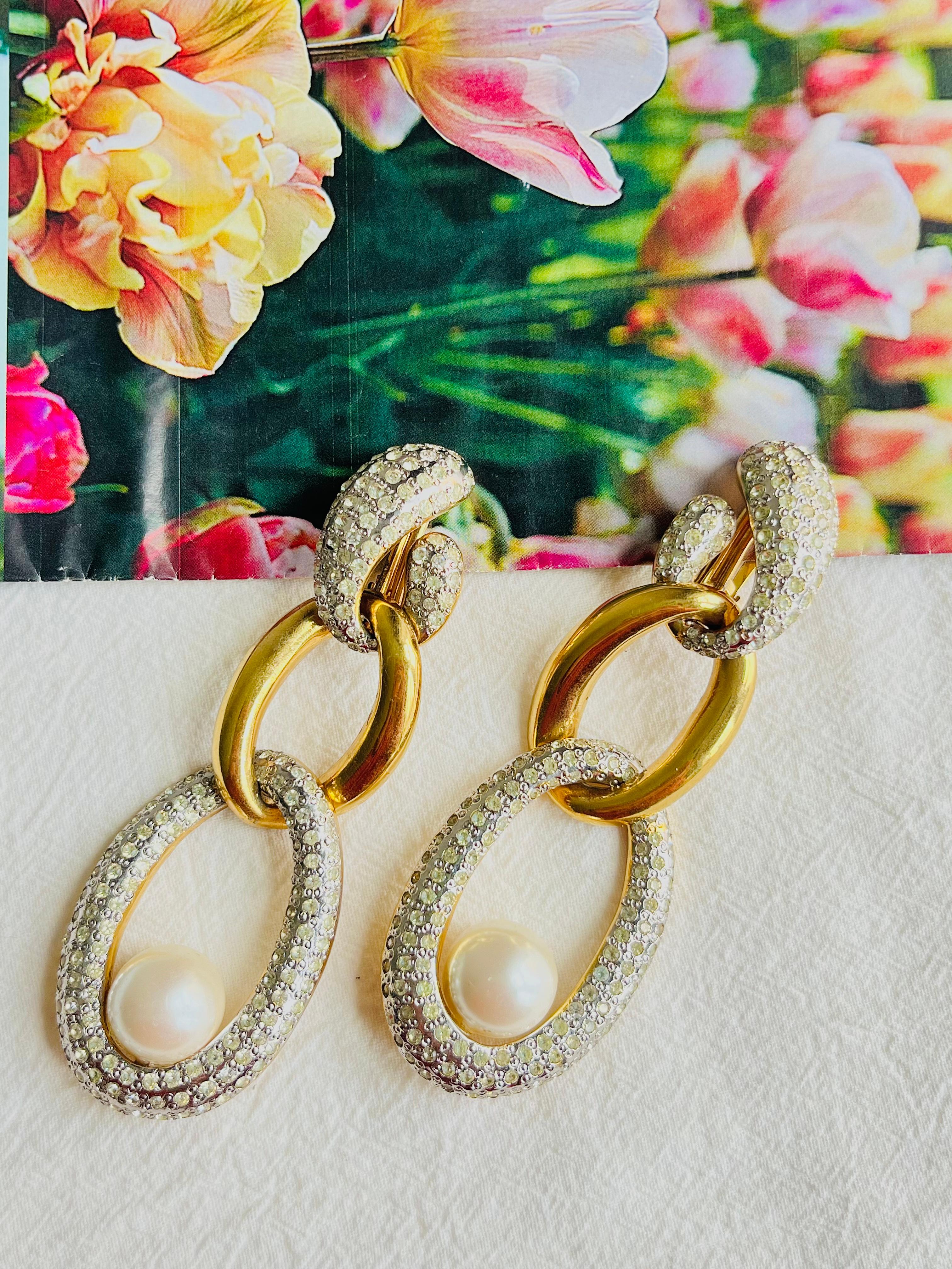 Valentino Vintage Extra Long Trio Interlocked Hoop Crystals Pearl Drop Earrings In Good Condition In Wokingham, England