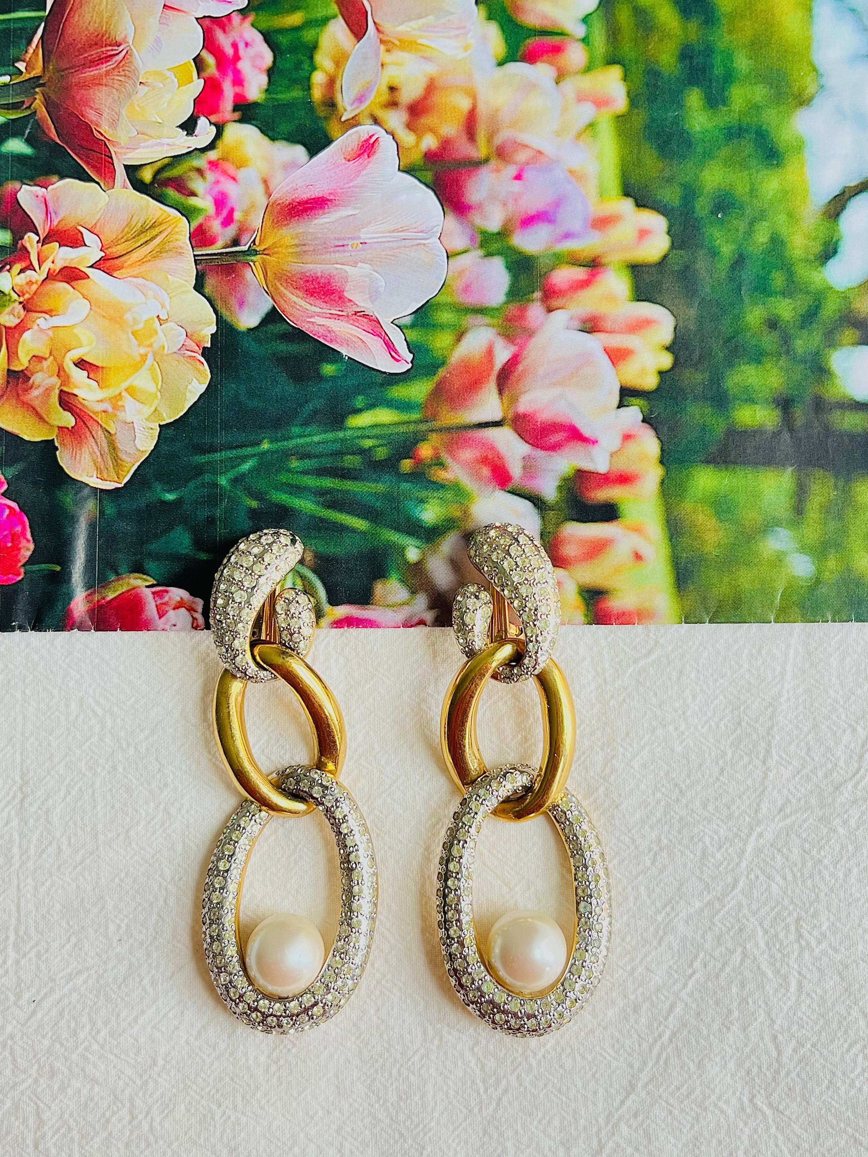Women's or Men's Valentino Vintage Extra Long Trio Interlocked Hoop Crystals Pearl Drop Earrings