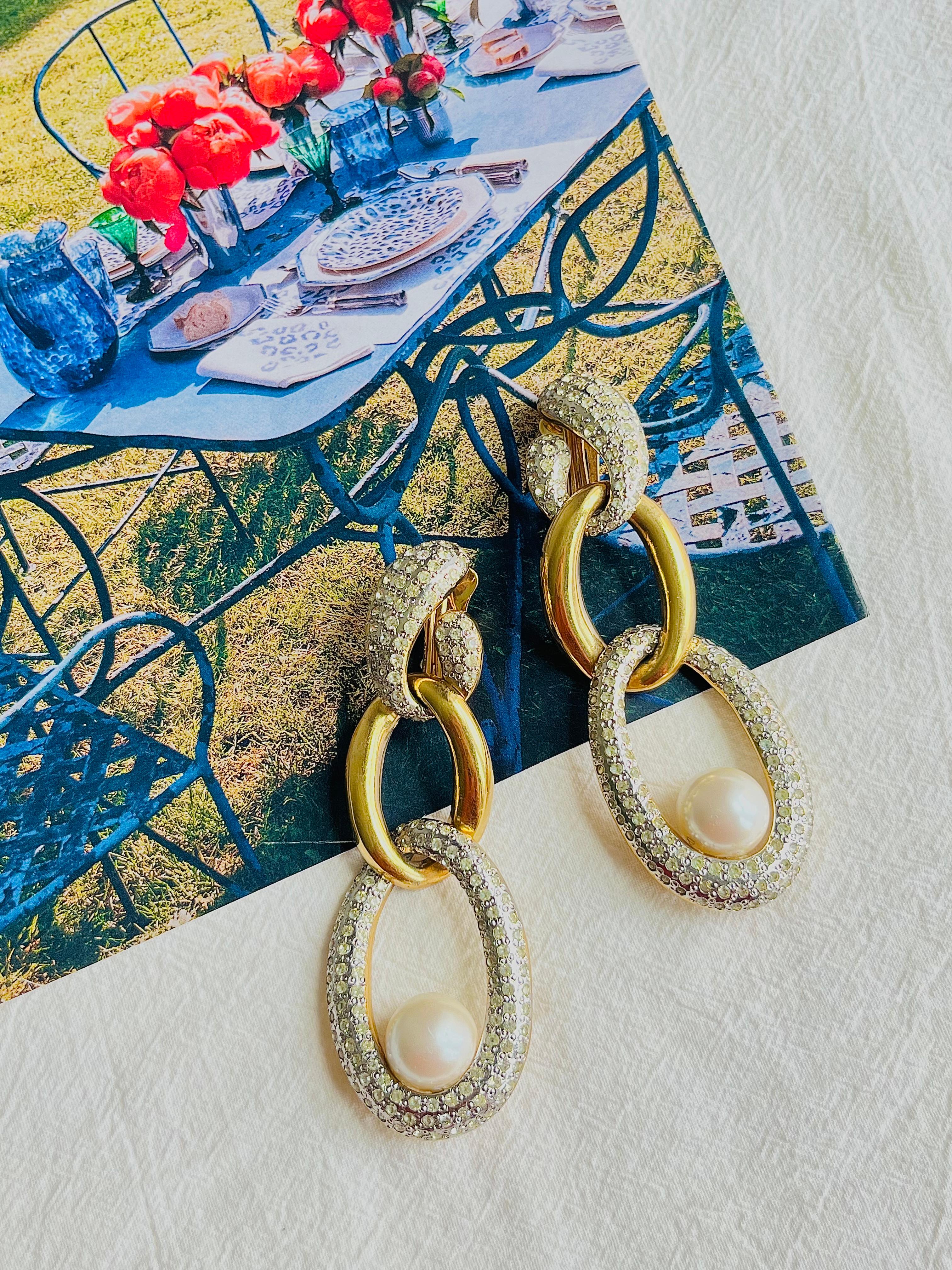 Valentino Vintage Extra Long Trio Interlocked Hoop Crystals Pearl Drop Earrings 1